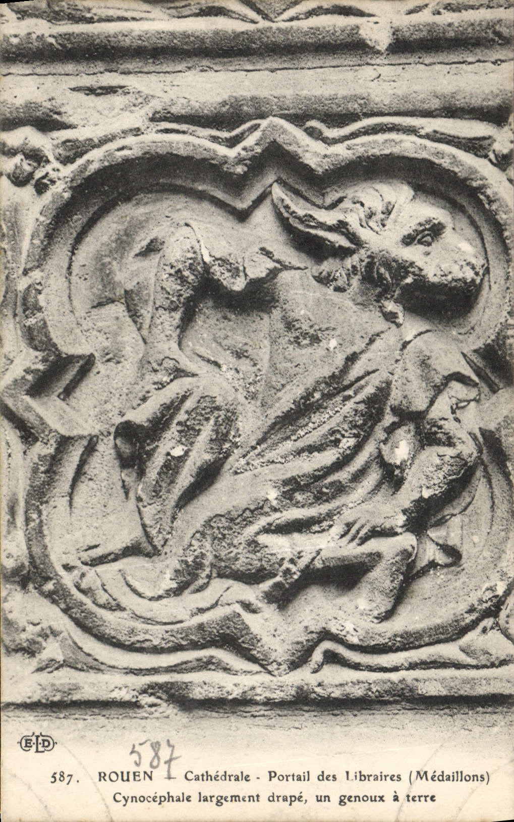 VINTAGE POSTCARD Rouen Cathedrale Gate of the Booksellers Medallions Cynocephalus largely drapes knees has ground