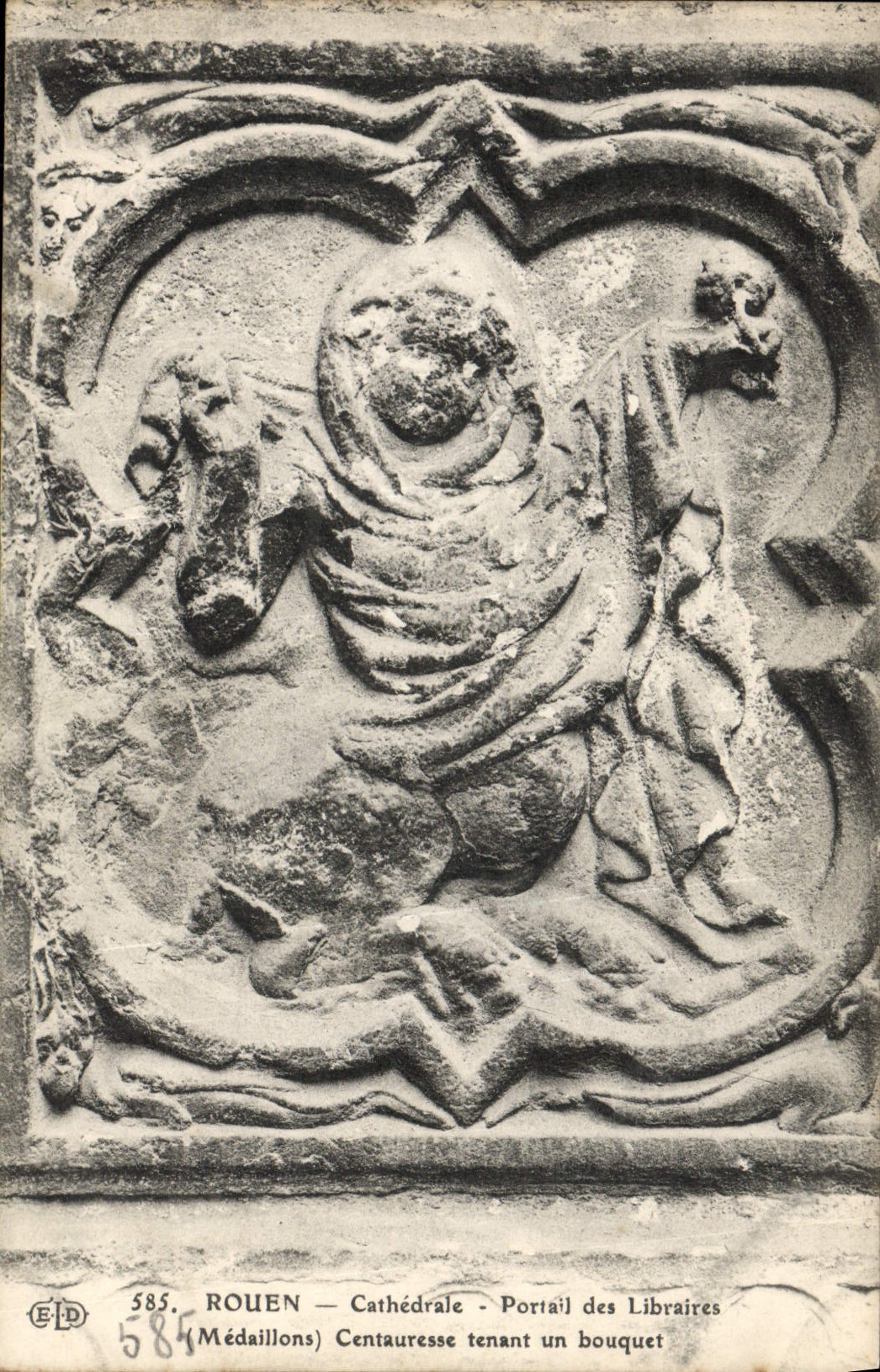 VINTAGE POSTCARD Rouen Cathedral Gate of the Booksellers Centauresse Medallions holding a bouquet