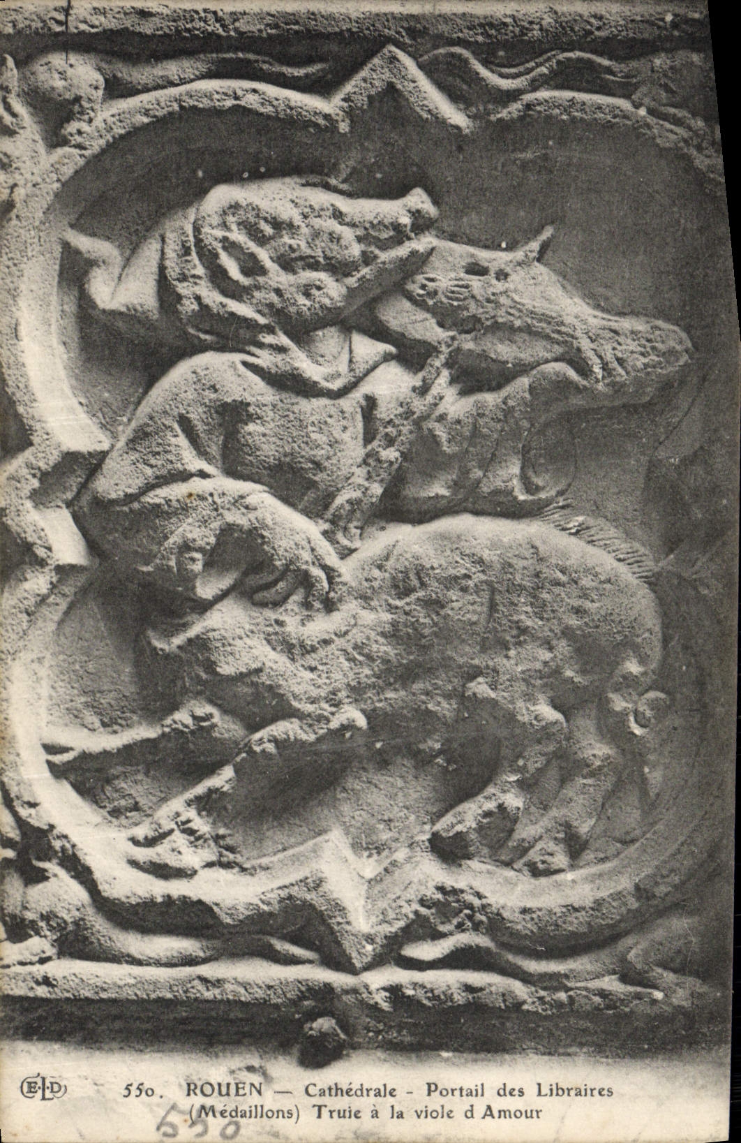 VINTAGE POSTCARD Rouen Cathedral Gate of the Booksellers Medallions Sow to the viola d'amore