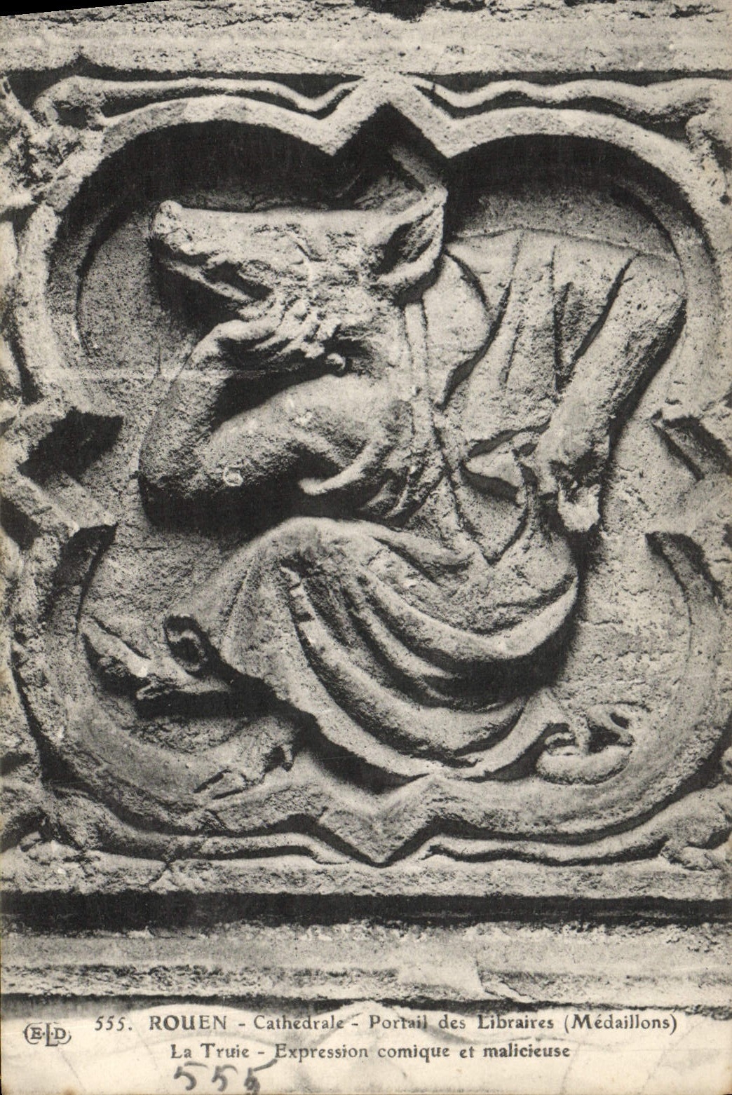 VINTAGE POSTCARD Rouen Cathedral Gate of the Booksellers Medallions the comic sow Expression and malicious Pig Pig