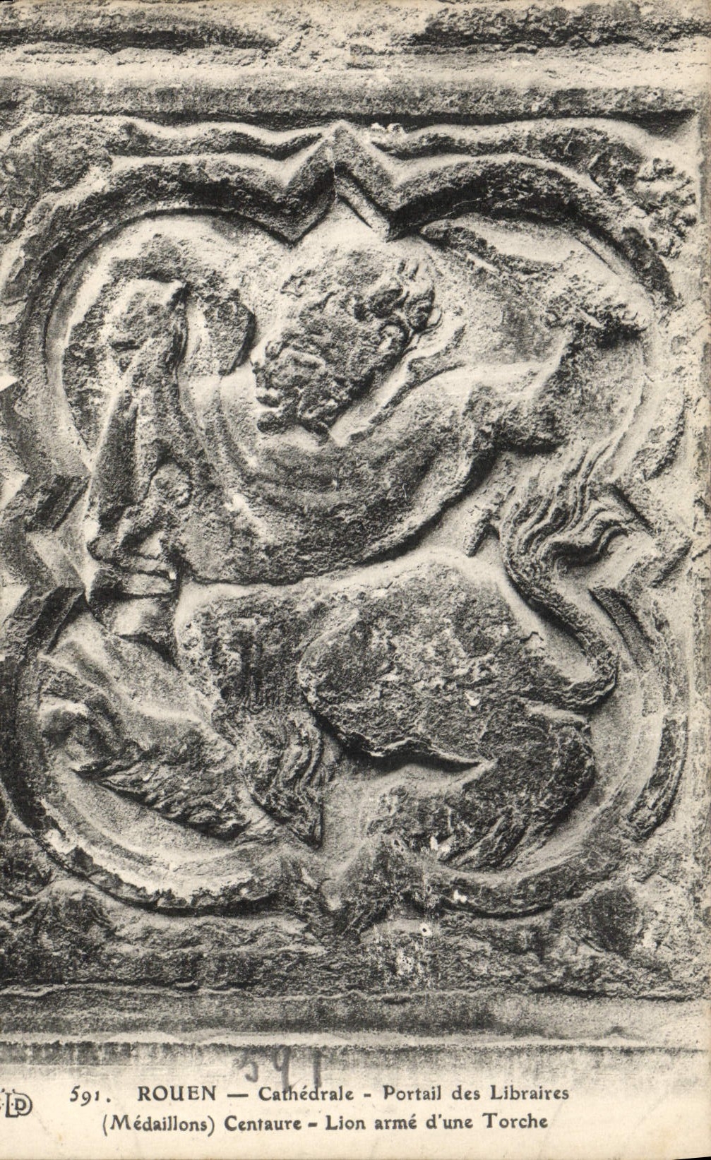 VINTAGE POSTCARD Rouen Cathedrale Gate of the Booksellers Medallions Centaur Lion arms with a torch
