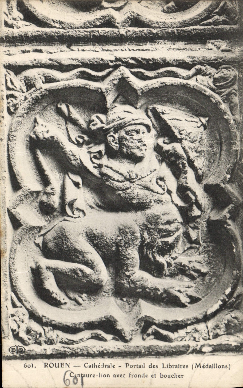 VINTAGE POSTCARD Rouen Cathedral Gate of the Booksellers Medallions Centaur lion with sling and shield