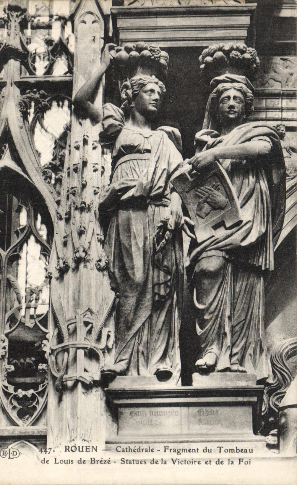VINTAGE POSTCARD Rouen Cathedral Fragment of the Tomb of Louis Breze Statues of the victory and the faith