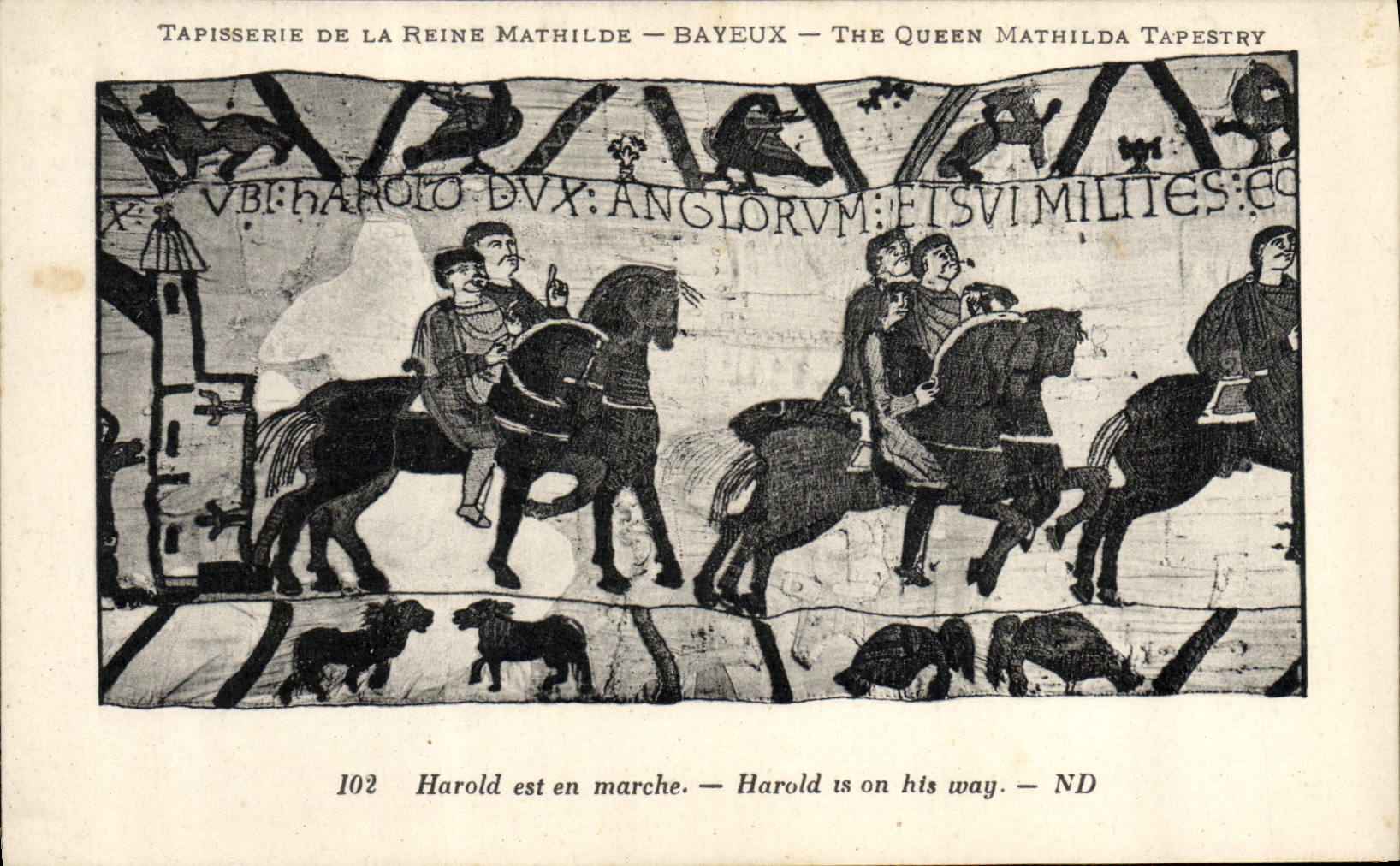 VINTAGE POSTCARD Tapisserie of the Queen Mathilde Bayeux Harold is moving