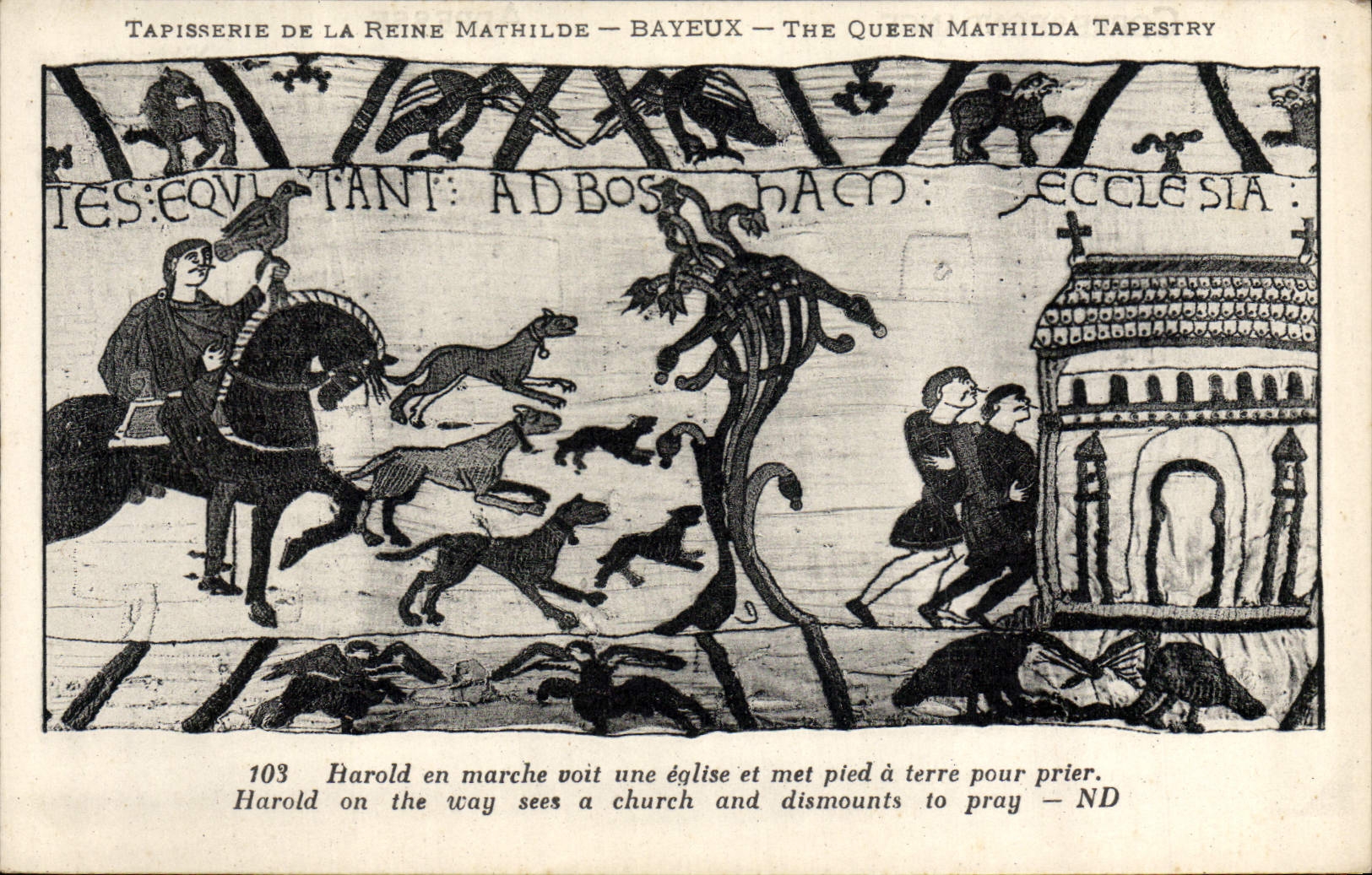 CPA Tapisserie de la Reine Mathilde Bayeux Harold en marche Chien 