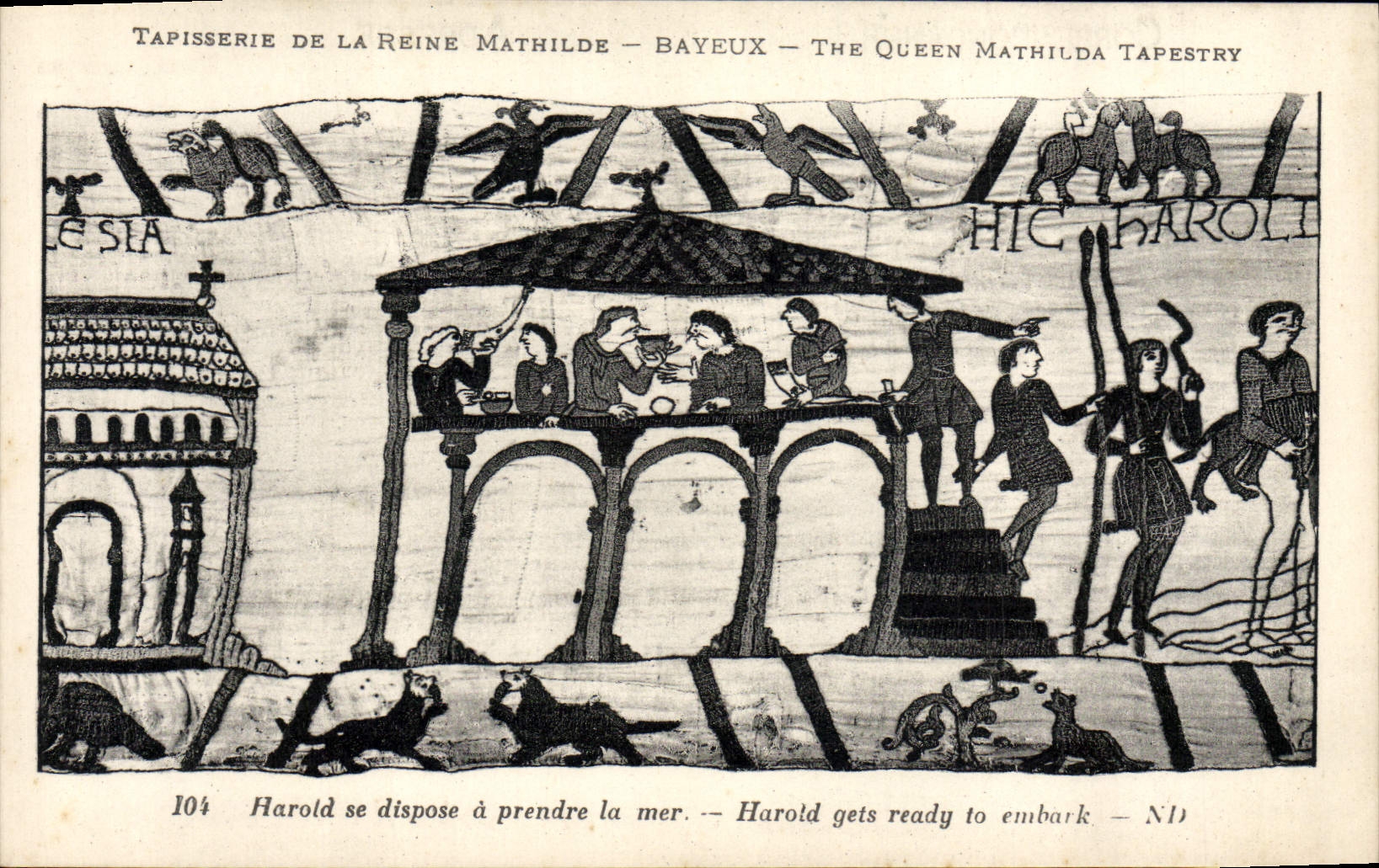 VINTAGE POSTCARD Tapisserie of the Queen Mathilde Bayeux Harold is laid out has to take the sea