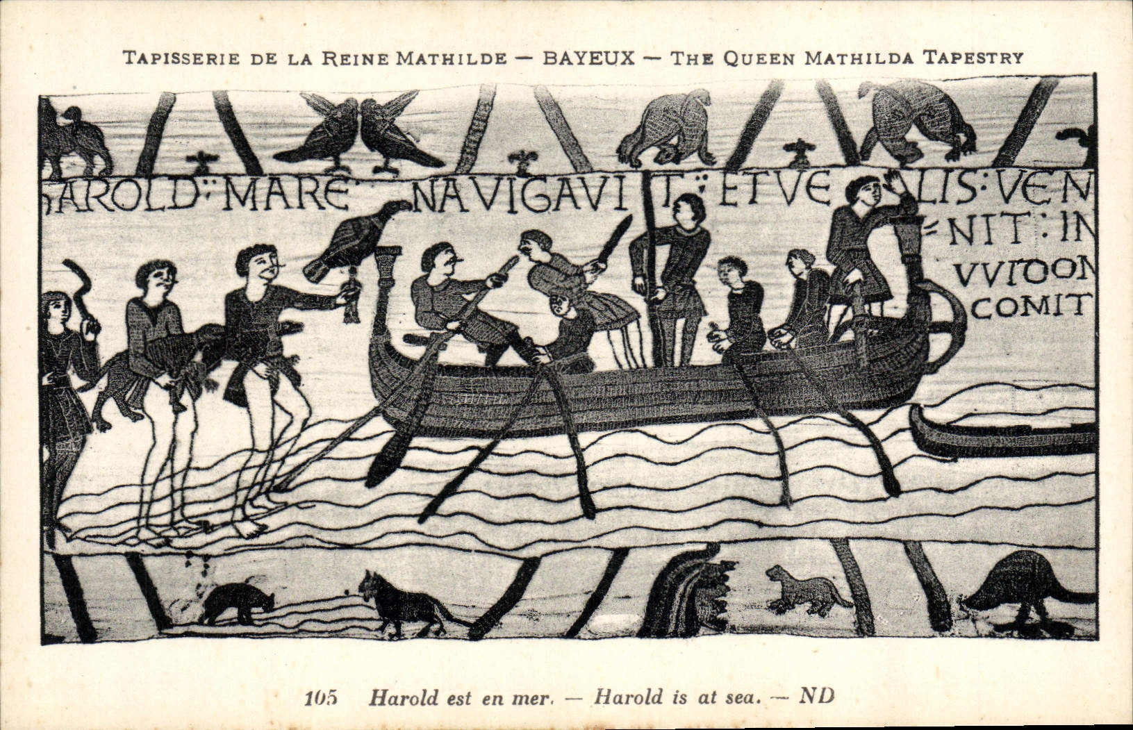 CPA Tapisserie de la Reine Mathilde Bayeux Harold est en mer Bateau Vautour Rapace