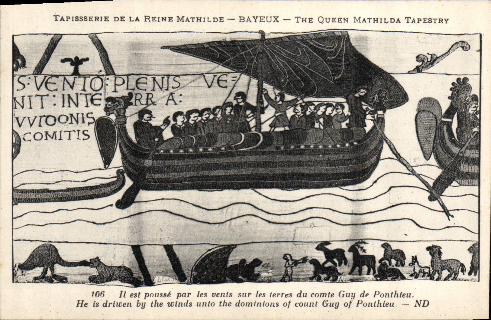 VINTAGE POSTCARD Tapisserie of the Queen Mathilde Bayeux Harold is growth by the winds Guy de Ponthieu Bateau