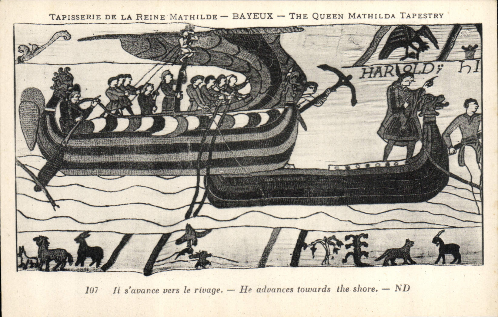 VINTAGE POSTCARD Tapisserie of the Queen Mathilde Bayeux Harold advances towards the Bateau shore