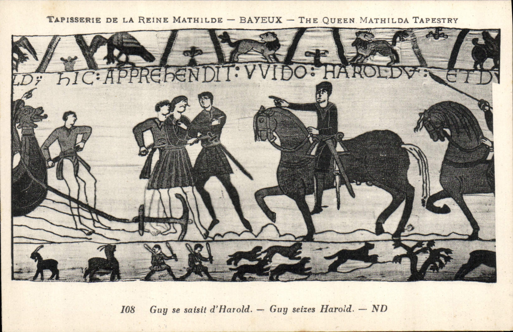 VINTAGE POSTCARD Tapisserie of the Queen Mathilde Bayeux Guy is seized of Harold