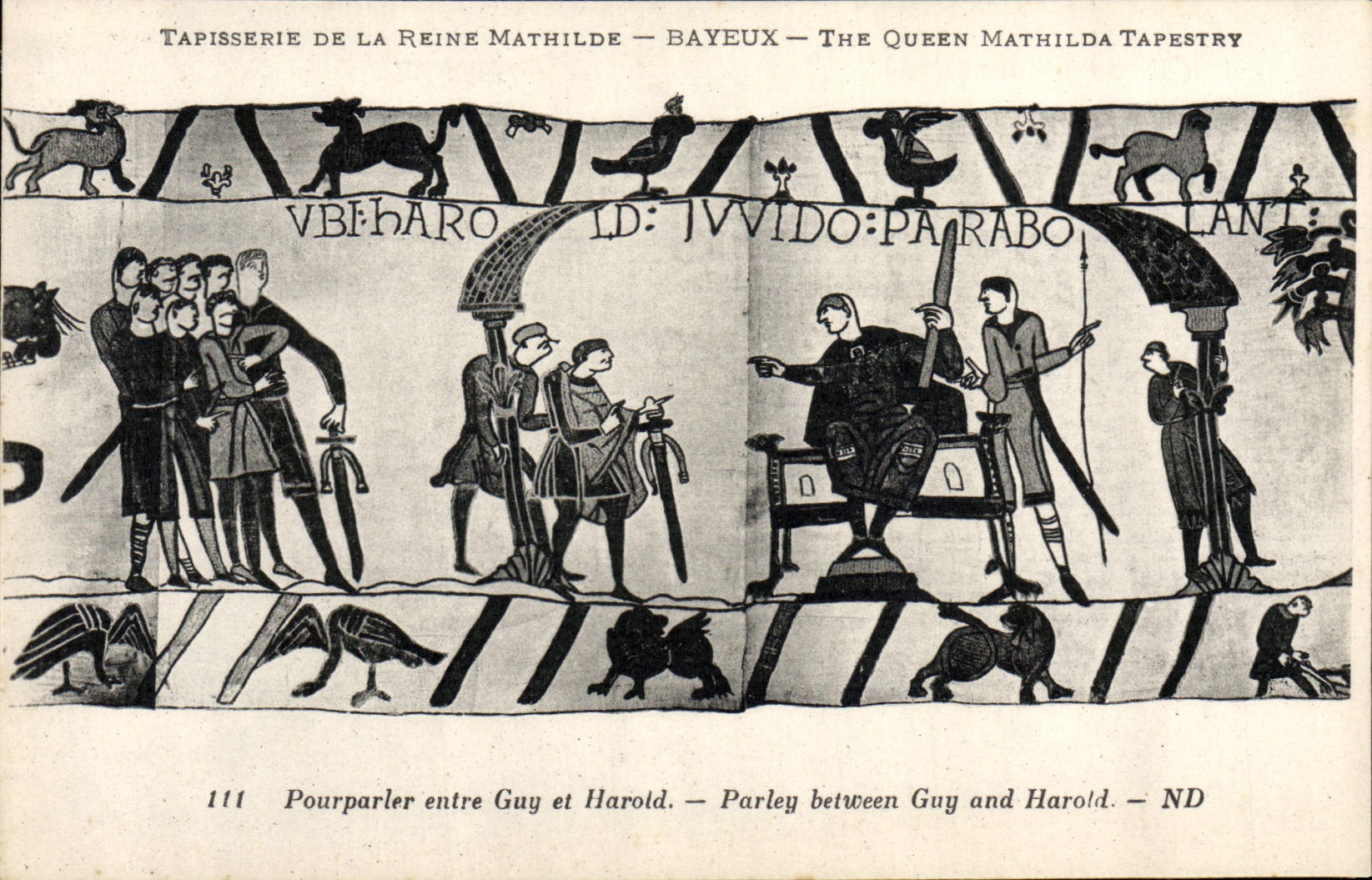 CPA Tapisserie de la Reine Mathilde Bayeux Pourpaler entre Guy et Harold 
