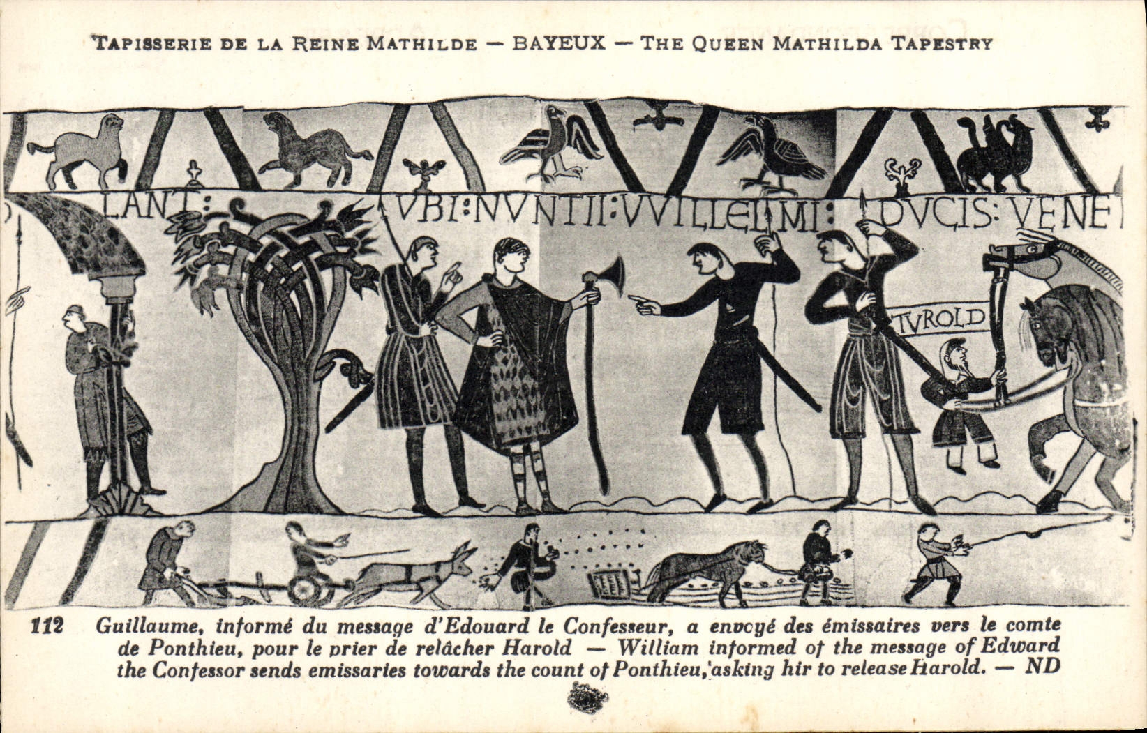La POSTAL Tapisserie de la VENDIMIA de la reina Matilde Bayeux Guillermo informa el mensaje de Eduardo al confesor