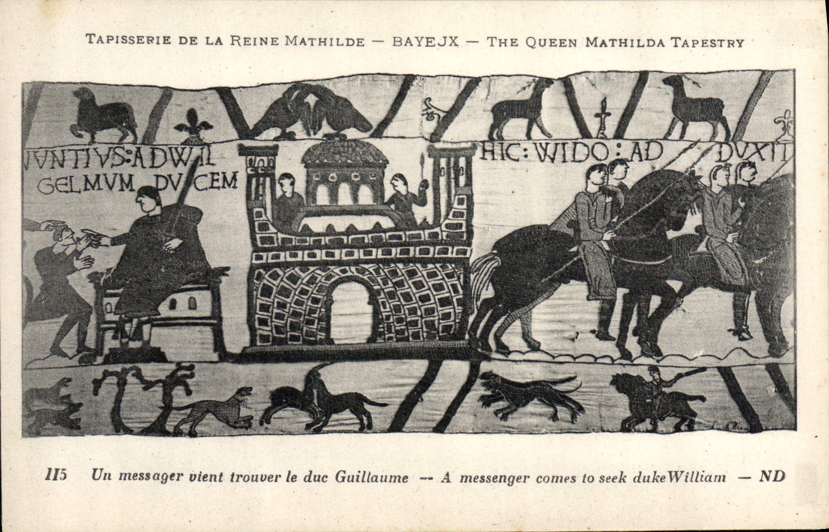 La POSTAL Tapisserie de la VENDIMIA de la reina Matilde Bayeux un mensajero viene encontrar al duque Guillermo