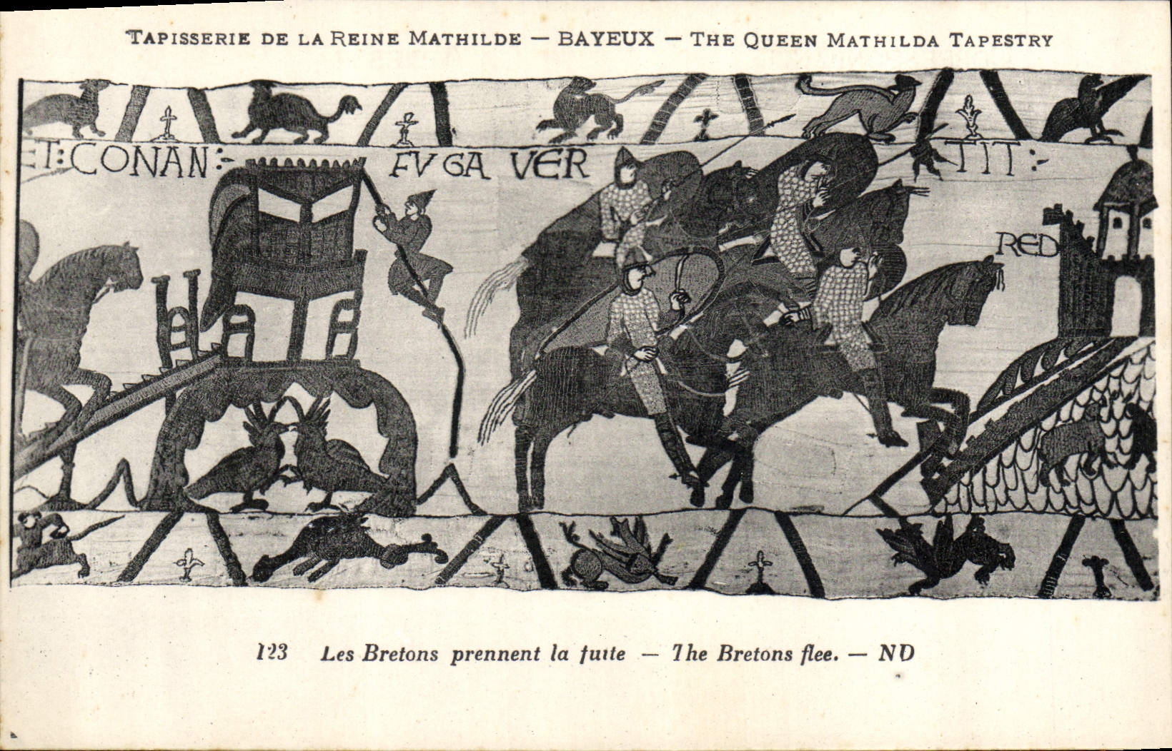 La POSTAL Tapisserie de la VENDIMIA de la reina Matilde Bayeux las bretonas se escapa