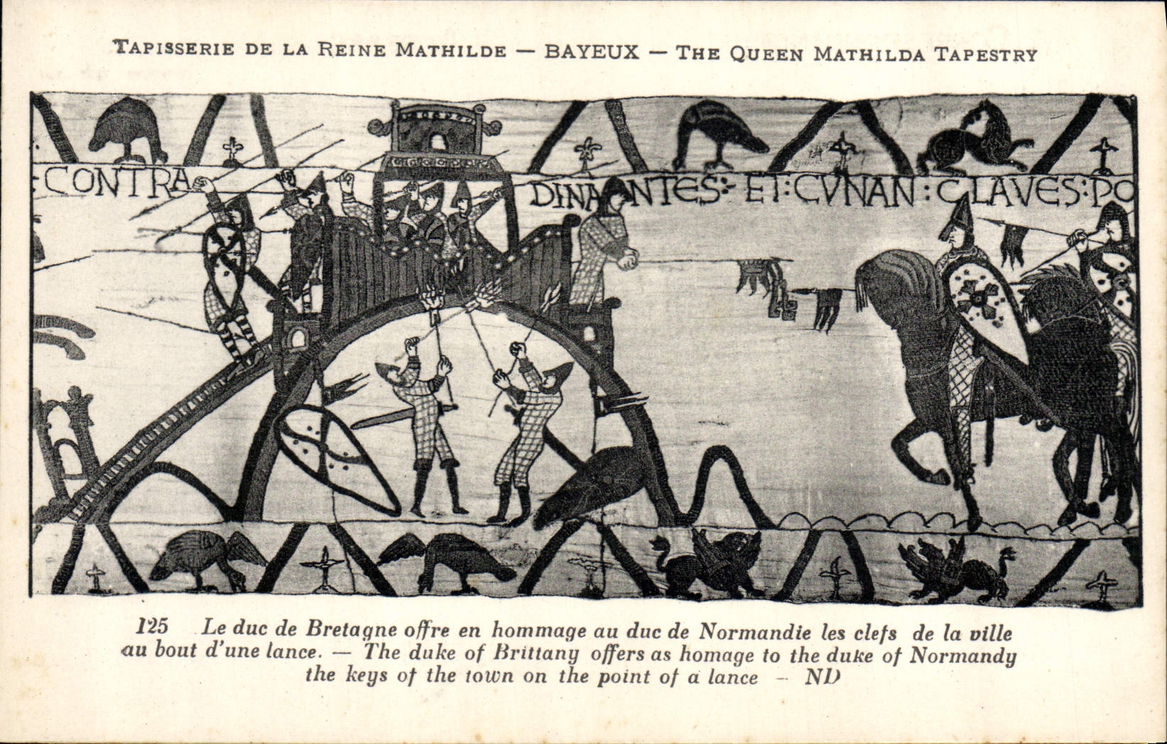 La POSTAL Tapisserie de la VENDIMIA de la reina Matilde Bayeux el duque de Bretaña ofrece en homenaje al duque de Normandía las llaves