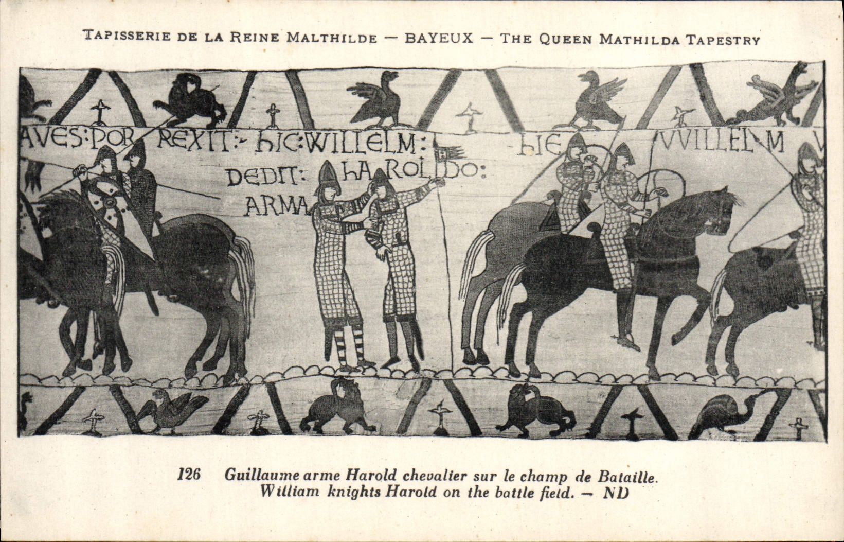 La POSTAL Tapisserie de la VENDIMIA de la reina Matilde Bayeux Guillermo arma a caballero de Harold en el campo de batalla