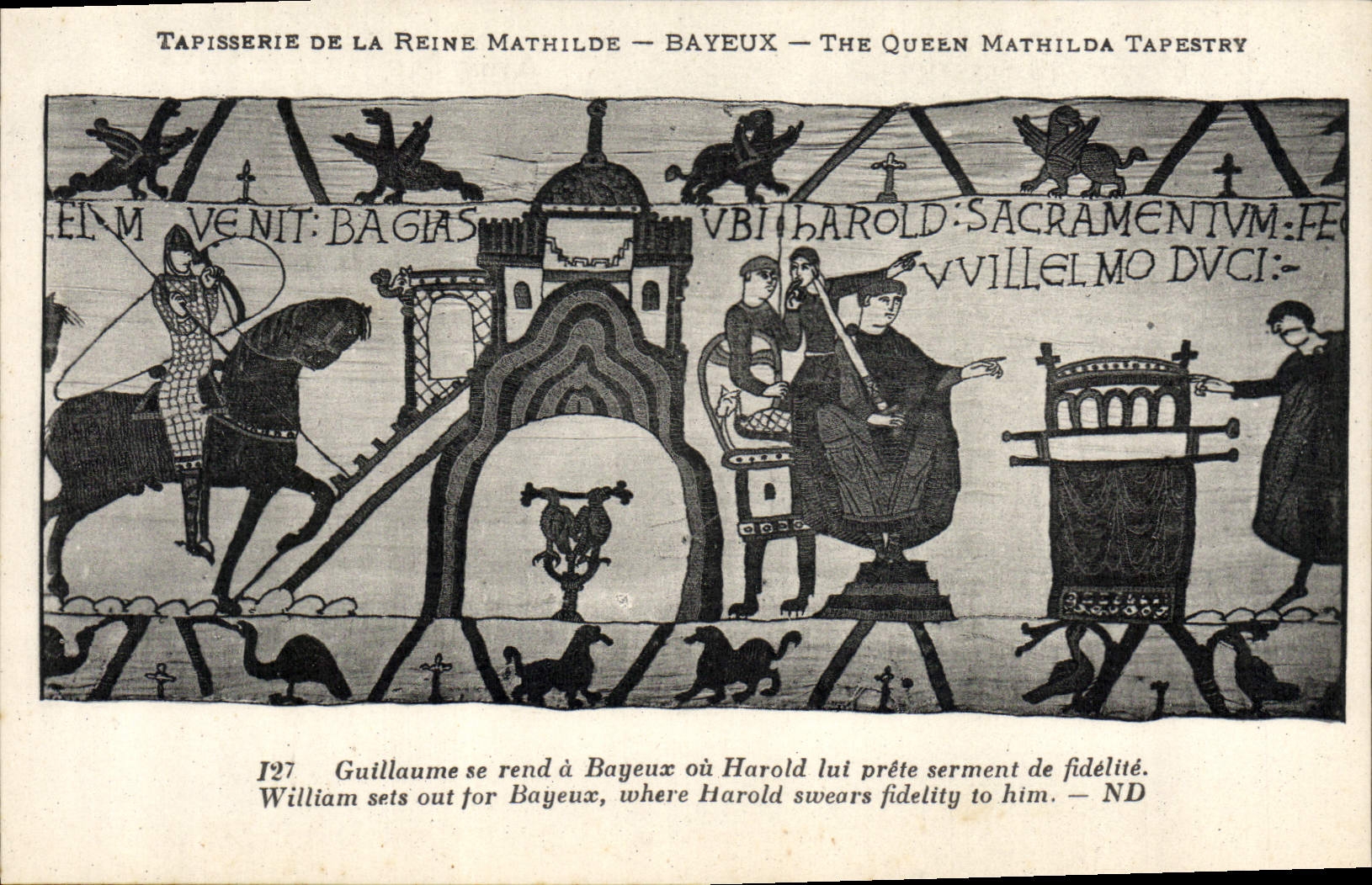 La POSTAL Tapisserie de la VENDIMIA de la reina Matilde que va Bayeux Guillermo tiene Bayeux o Harold presta juramento a él