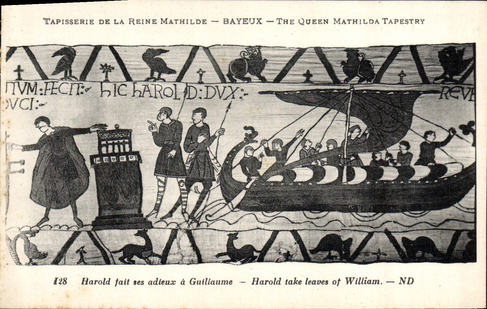 La POSTAL Tapisserie de la VENDIMIA de la reina Matilde que Bayeux Harold hace una oferta su adiós tiene Guillermo