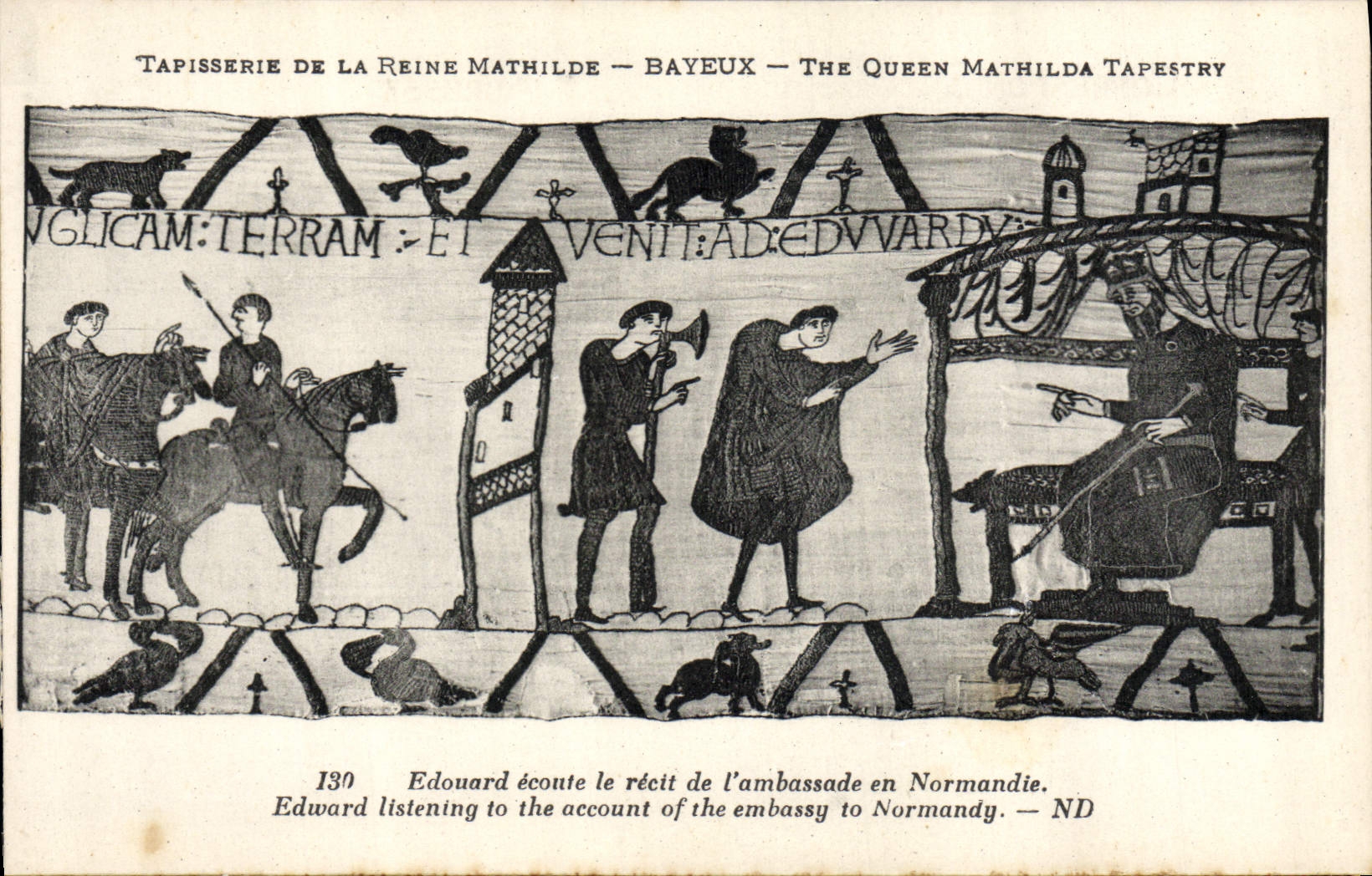 La POSTAL Tapisserie de la VENDIMIA de la reina Matilde Bayeux Eduardo escucha la cuenta de la embajada en Normandía