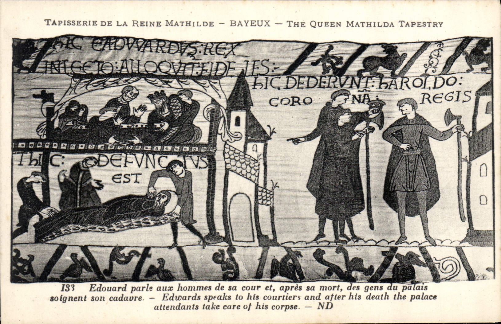 La POSTAL Tapisserie de la VENDIMIA de la reina Matilde Bayeux Eduardo habla a los hombres sobre su corte