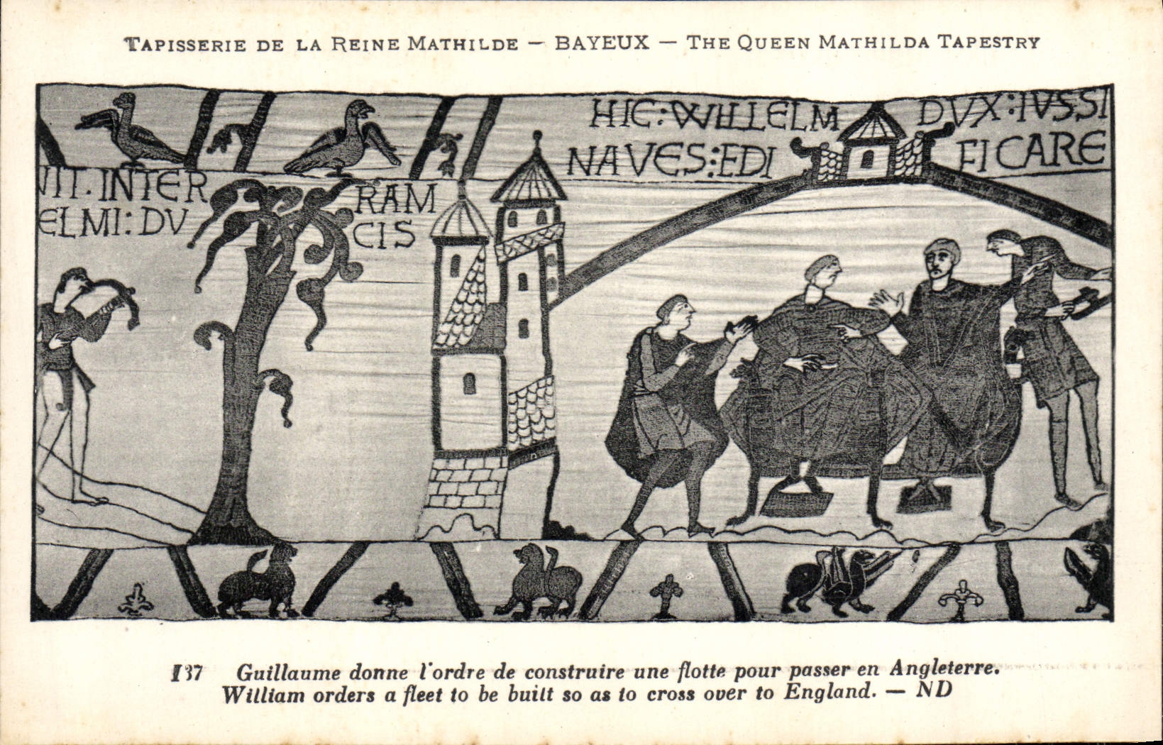 La POSTAL Tapisserie de la VENDIMIA de la reina Matilde Bayeux Guillermo da la orden para construir una flota para pasar a Inglaterra