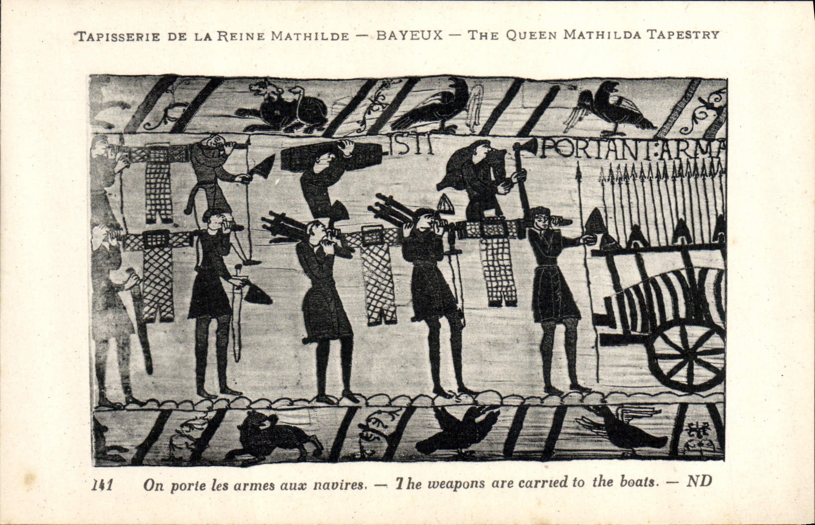 La POSTAL Tapisserie de la VENDIMIA de la reina Matilde Bayeux una lleva las armas a las naves