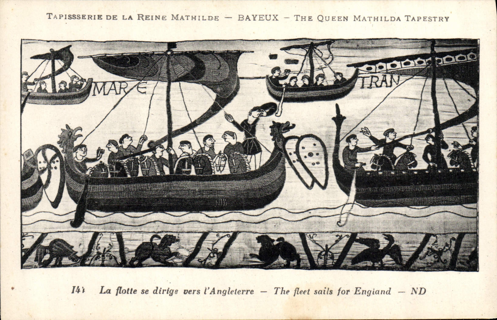 POSTAL Tapisserie de la VENDIMIA de la reina Matilde Bayeux que la flota se mueve hacia el barco de Angeleterre