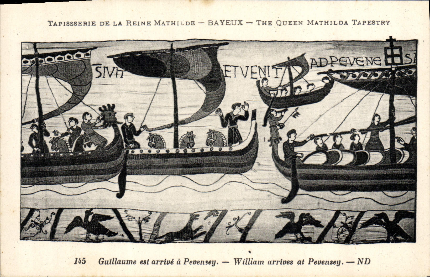 La POSTAL Tapisserie de la VENDIMIA de la reina Matilde Bayeux Guillermo que llega el este tiene Pevensey