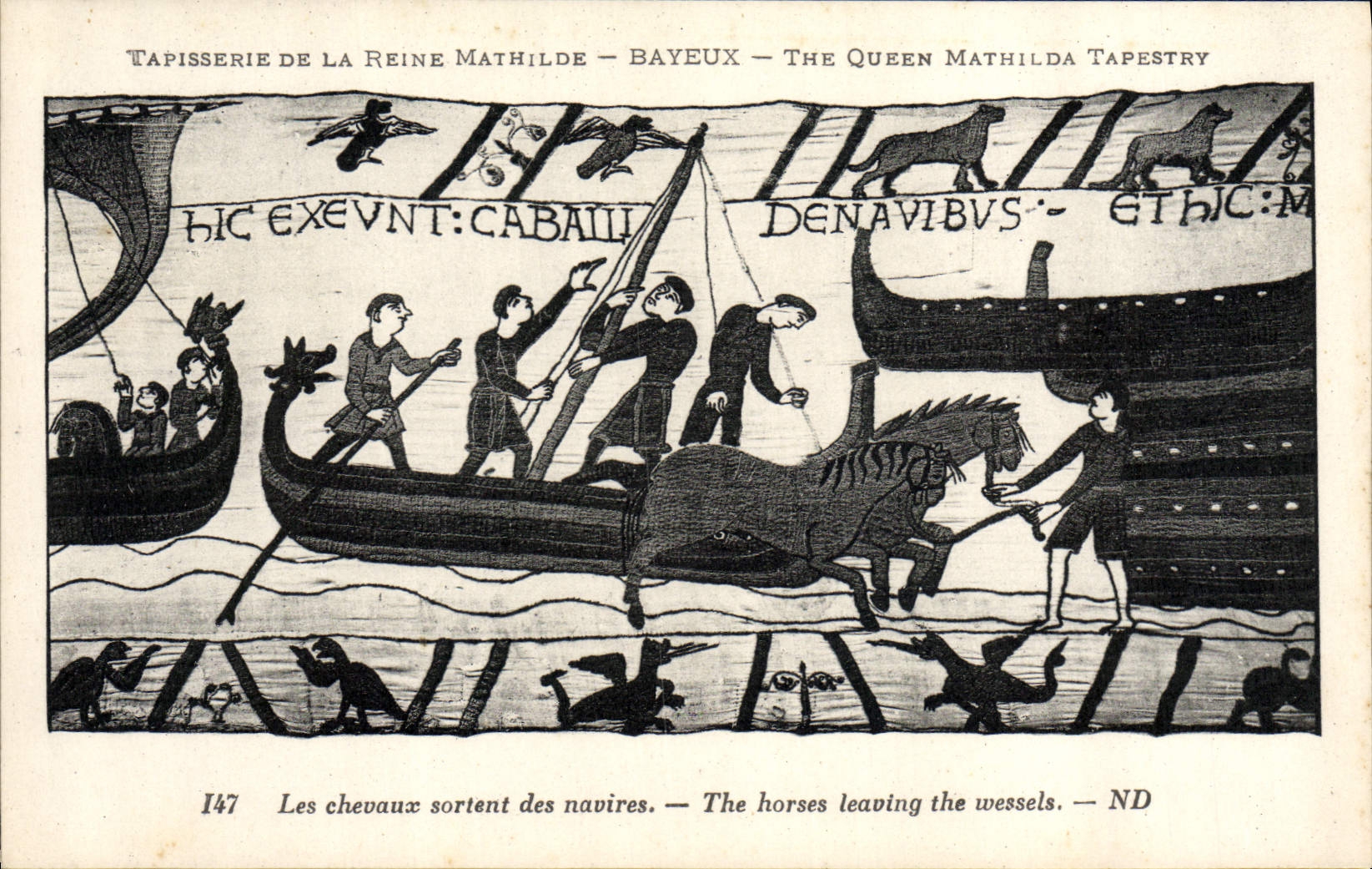 La POSTAL Tapisserie de la VENDIMIA de la reina Matilde Bayeux los caballos sale de las naves
