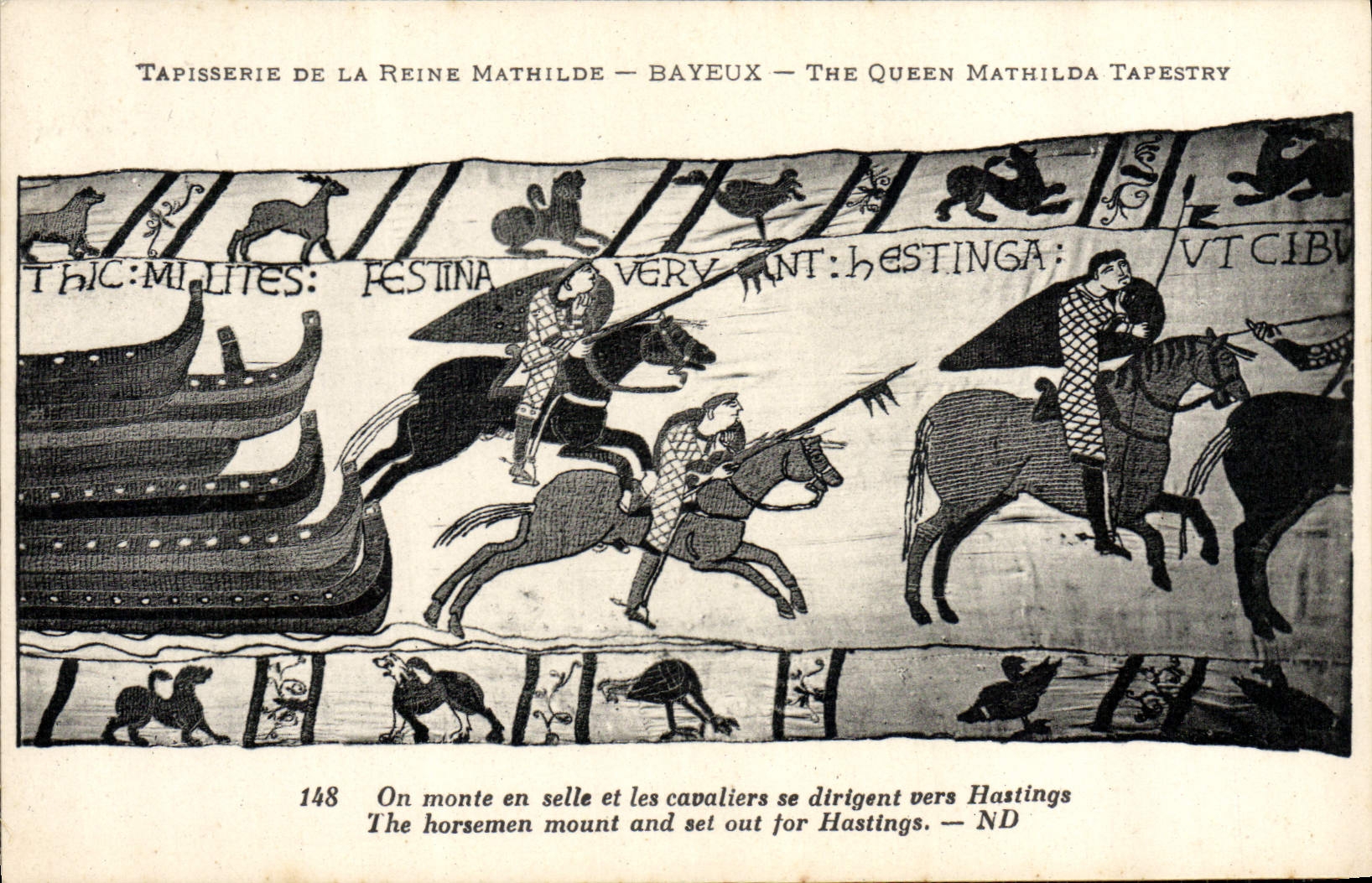 La POSTAL Tapisserie de la VENDIMIA de la reina Matilde Bayeux una entra para arriba en silla de montar y los jinetes se mueven hacia Hastings