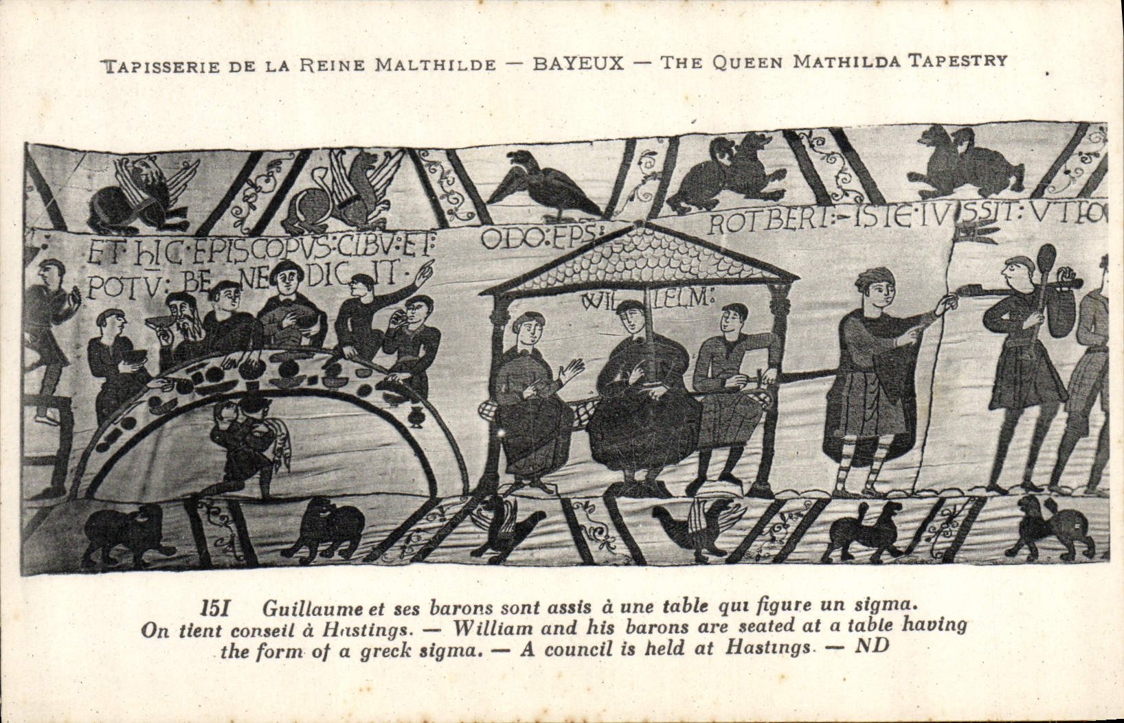 La tapicería de la POSTAL de la VENDIMIA de la reina Matilde Bayeux Guillermo y sus barones sentados tiene una tabla