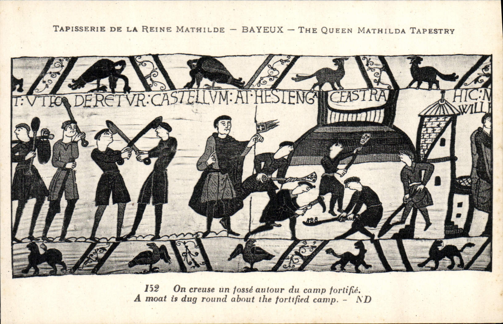 La POSTAL Tapisserie de la VENDIMIA de la reina Matilde Bayeux una cava un hoyo alrededor del forfifie del campo