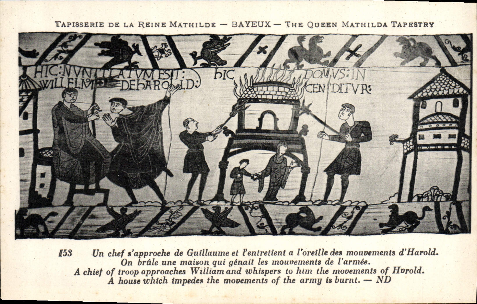 La POSTAL Tapisserie de la VENDIMIA de la reina Matilde Bayeux un jefe se acerca a Guillermo