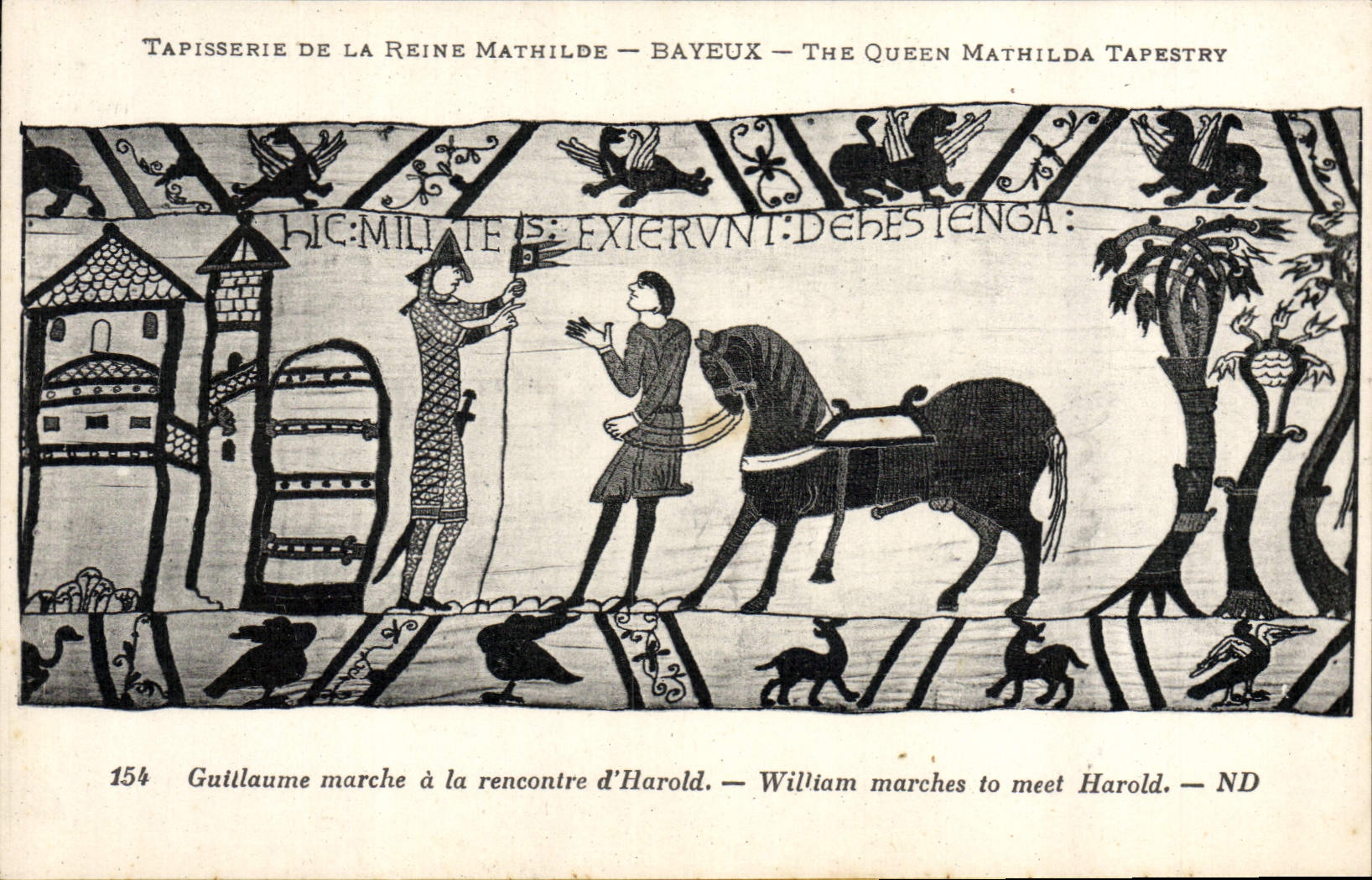 La POSTAL Tapisserie de la VENDIMIA de la reina Matilde Bayeux Guillermo va a la reunión de Harold