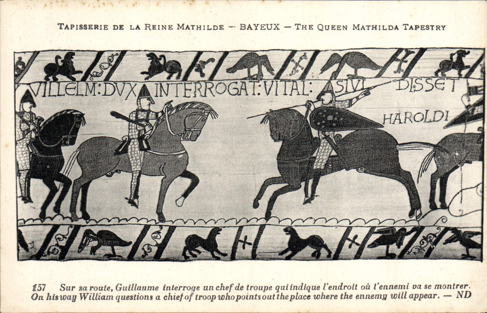La POSTAL Tapisserie de la VENDIMIA de la reina Matilde Bayeux en su camino de Guillermo pregunta a jefe de la tropa