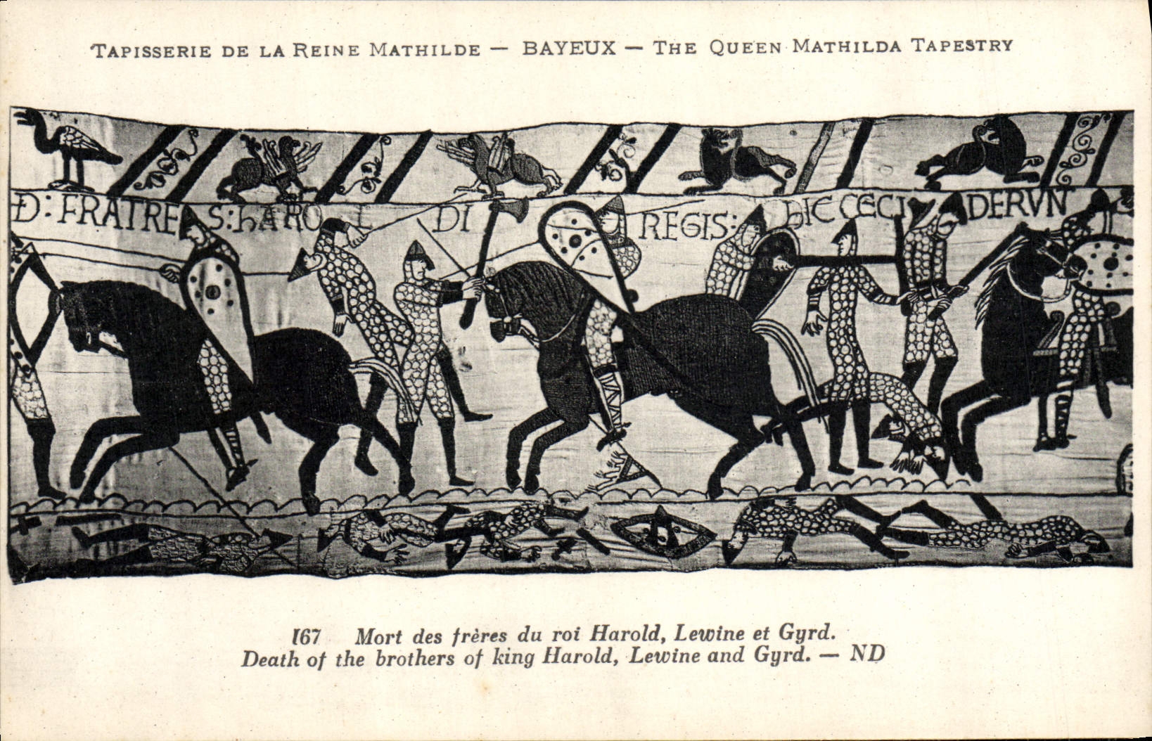 Tapicería de la POSTAL de la VENDIMIA de la reina Matilde muerta Bayeux de los hermanos de rey Harold Lewine y Gyrd