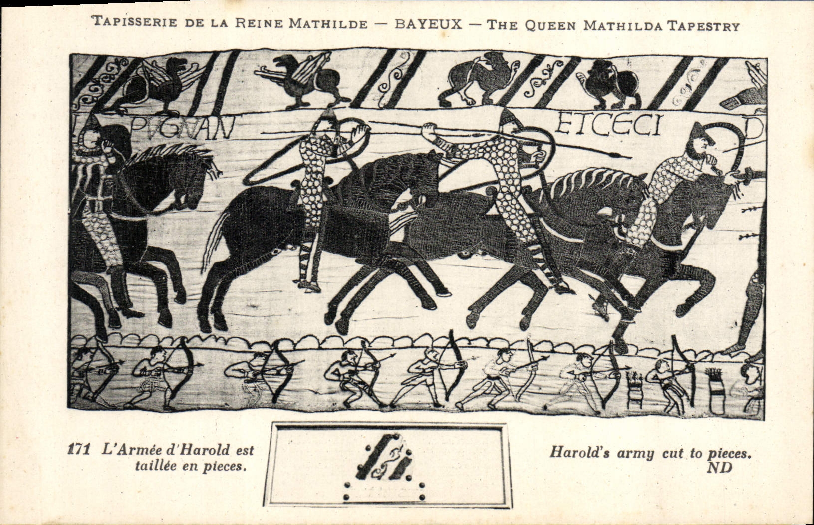 La POSTAL Tapisserie de la VENDIMIA de la reina Matilde Bayeux el ejército de Harold es taillee en piezas