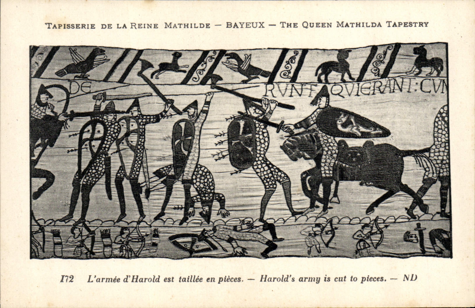 CPA Tapisserie de la Reine Mathilde Bayeux L'armee d'Harold est taillee en pieces