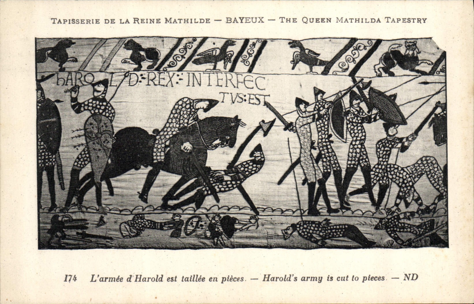 CPA Tapisserie de la Reine Mathilde Bayeux L'armee d'Harold est taillee en pieces