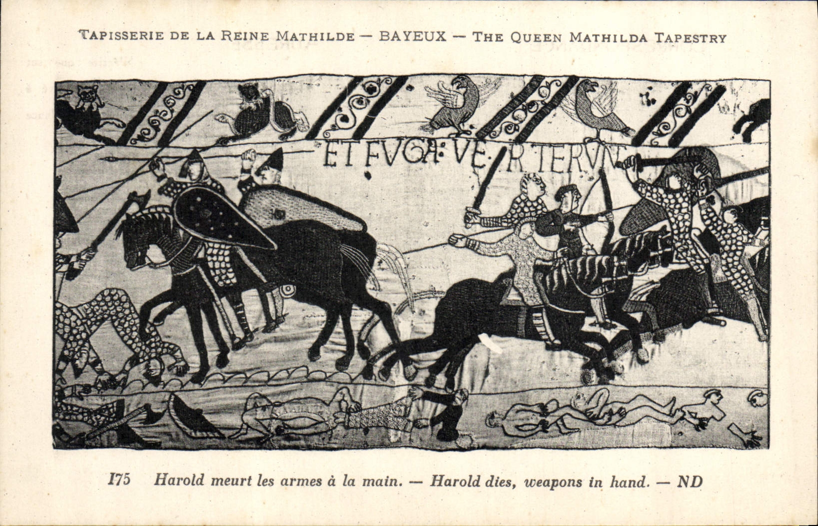 La POSTAL Tapisserie de la VENDIMIA de la reina Matilde Bayeux Harold muere las armas con la mano