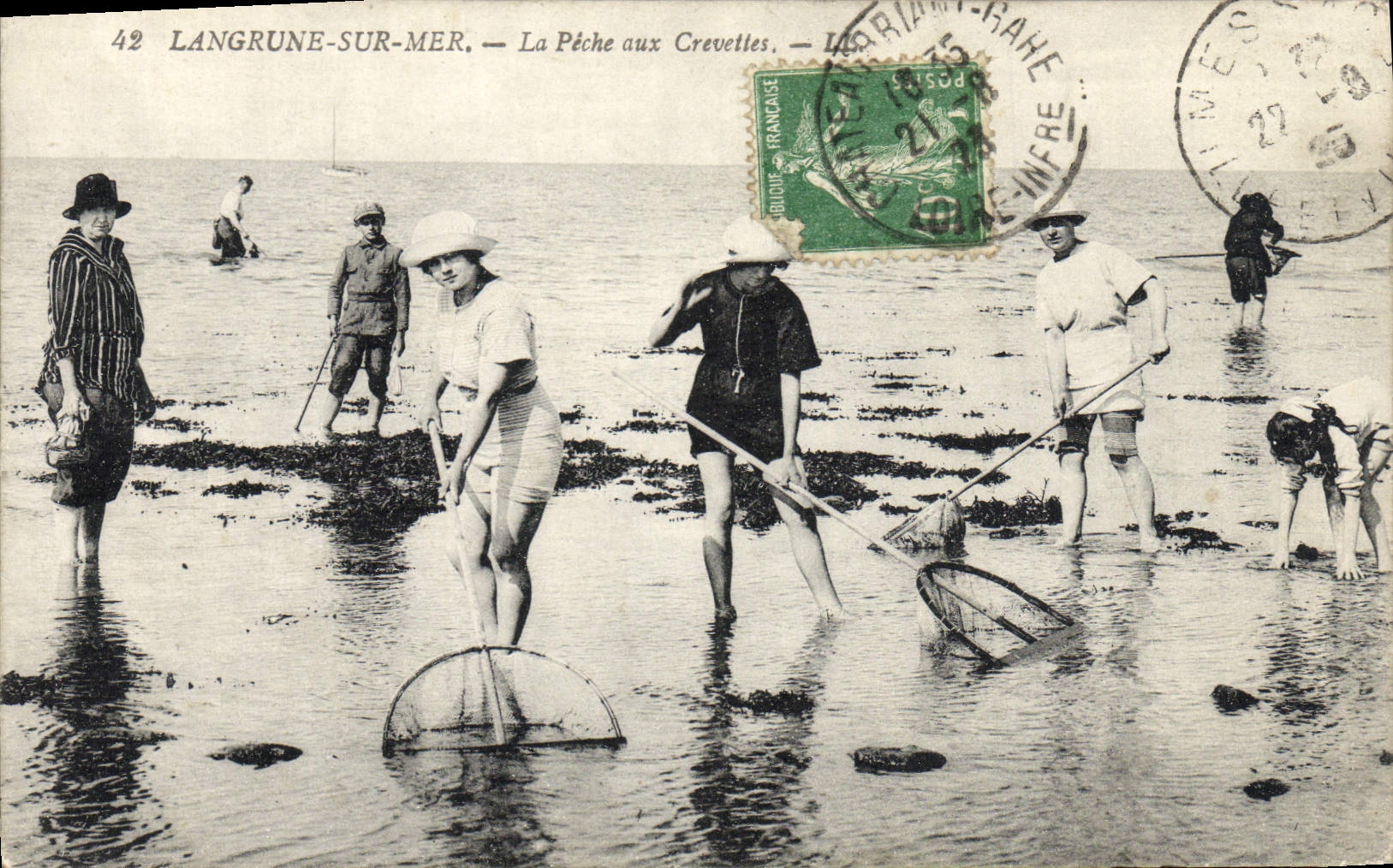 VINTAGE POSTCARD Langrune on Sea Fishing with Shrimps