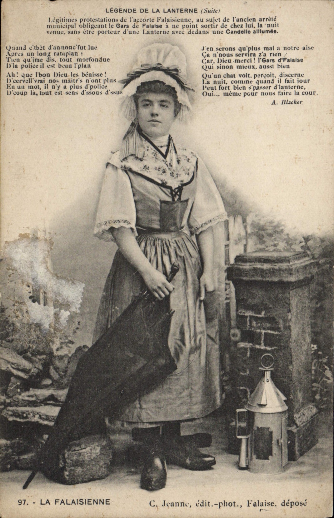 Leyenda de la POSTAL de la VENDIMIA del folklore de Falaisienne de la linterna