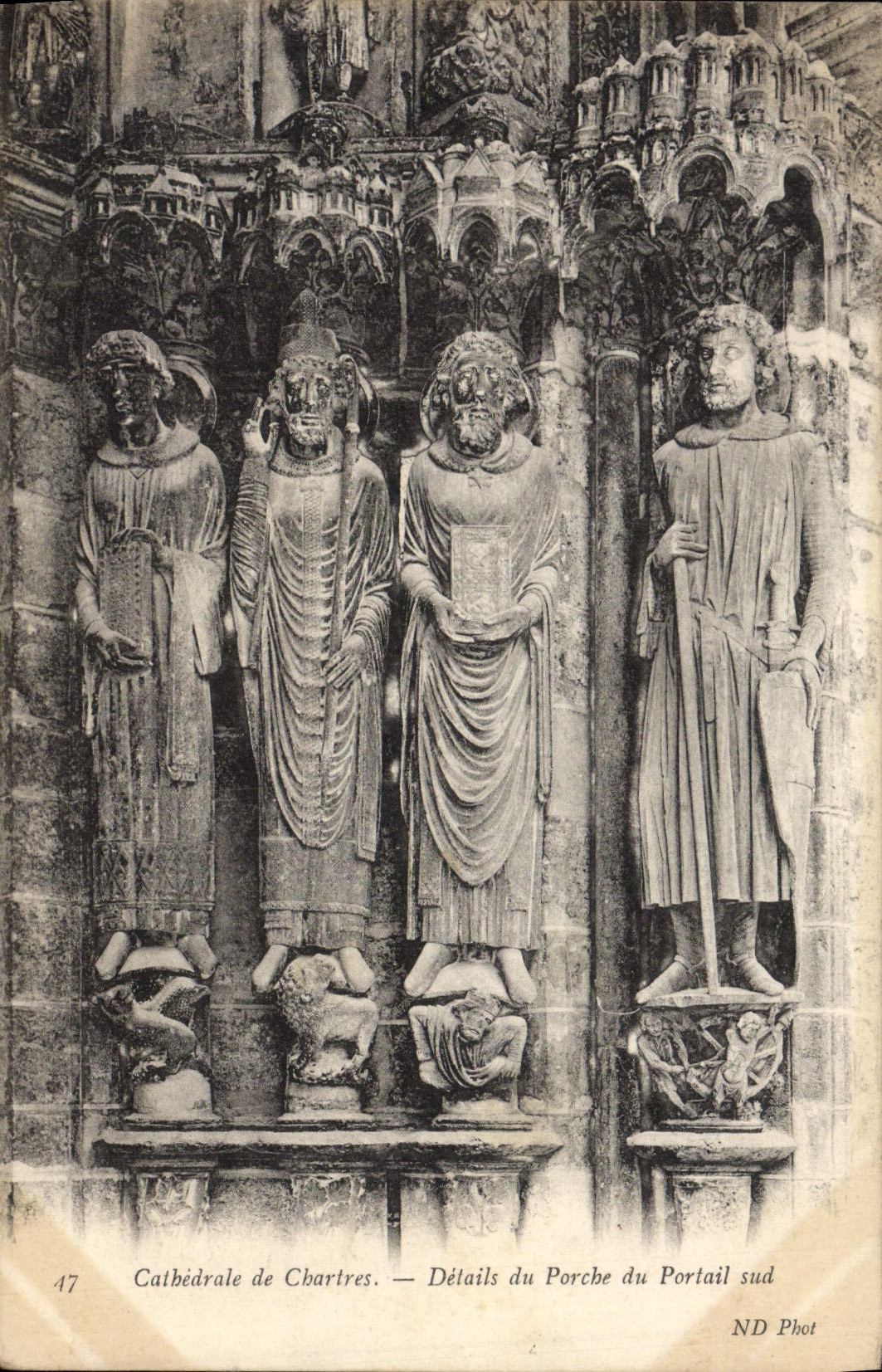 Catedral de la POSTAL de la VENDIMIA de los detalles de Chartres del pórtico de la puerta meridional