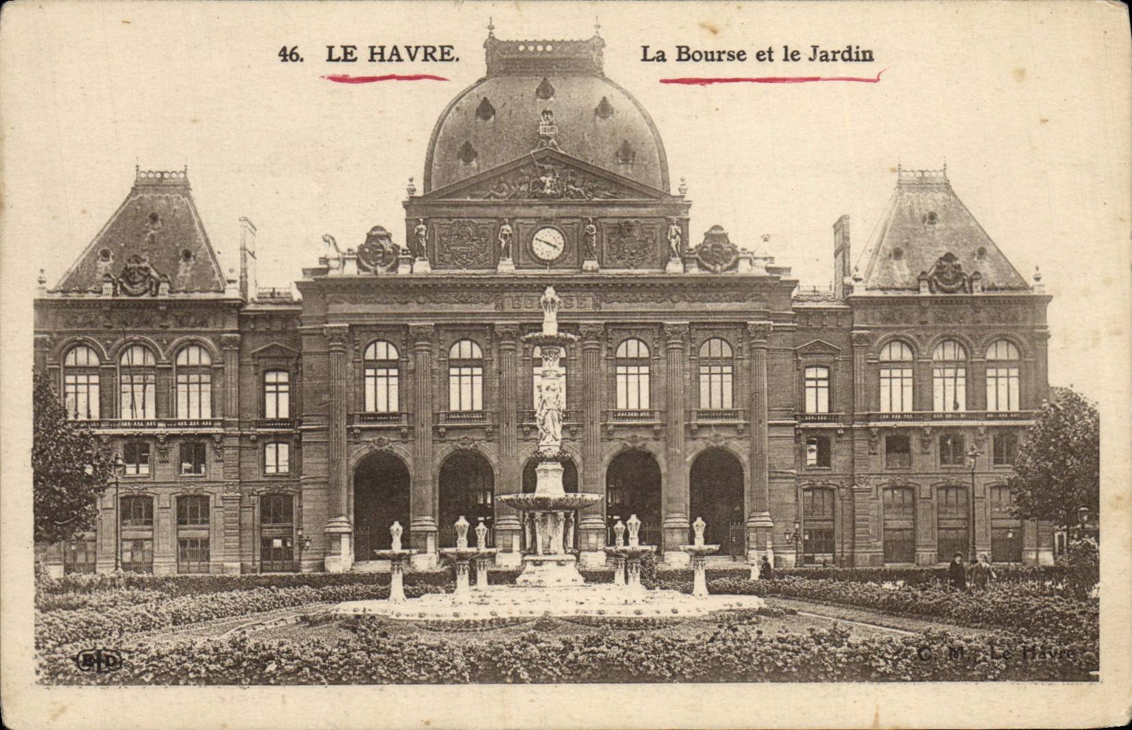 POSTAL Le Havre de la VENDIMIA la bolsa de acción y el jardín