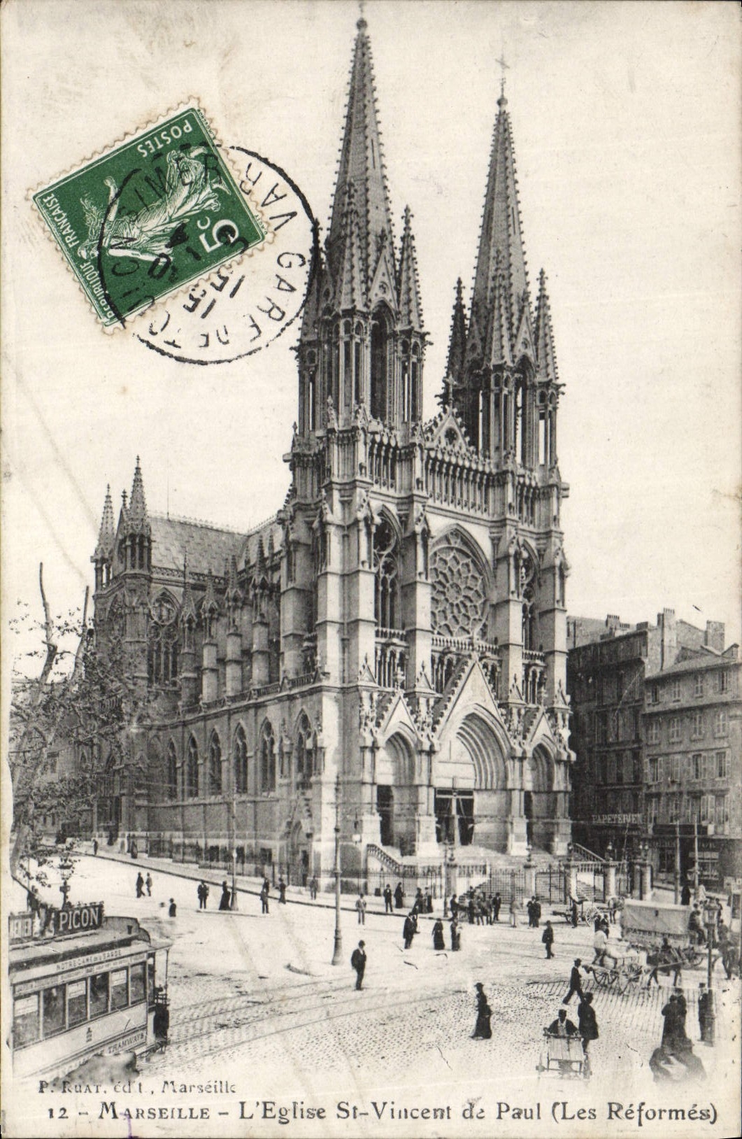 CPA Marseille L'Eglise St Vincent de Paul Tramway
