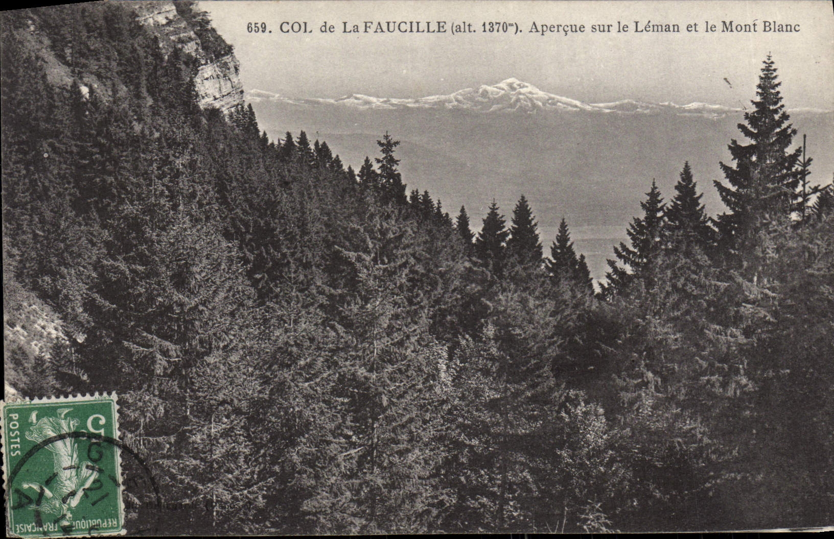 Collar de la POSTAL de la VENDIMIA de la hoz vista en Leman y Mont Blanc