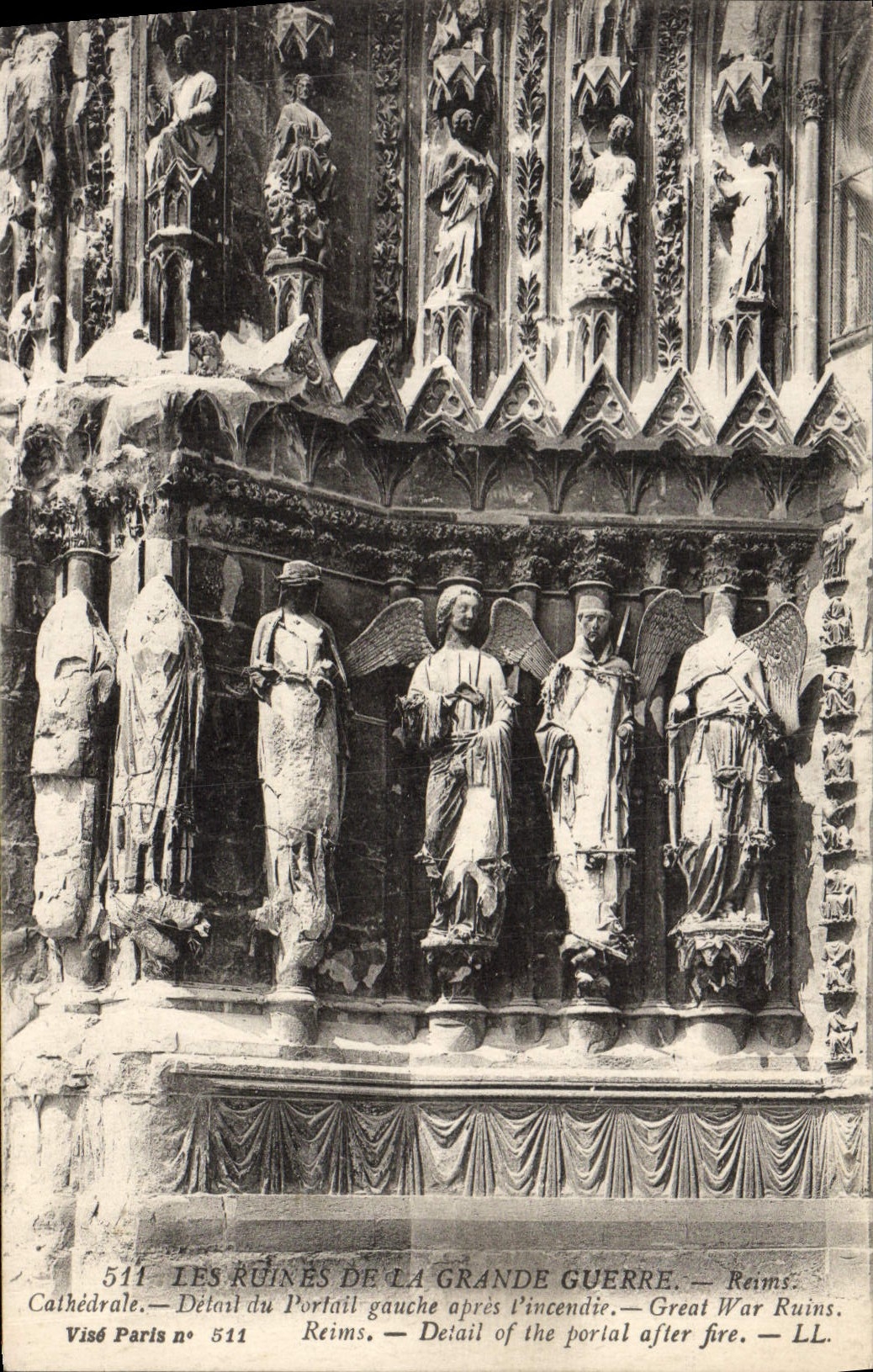 VINTAGE POSTCARD Ruins Of the Great War Rheims Cathedral Detail of the left porch after the fire