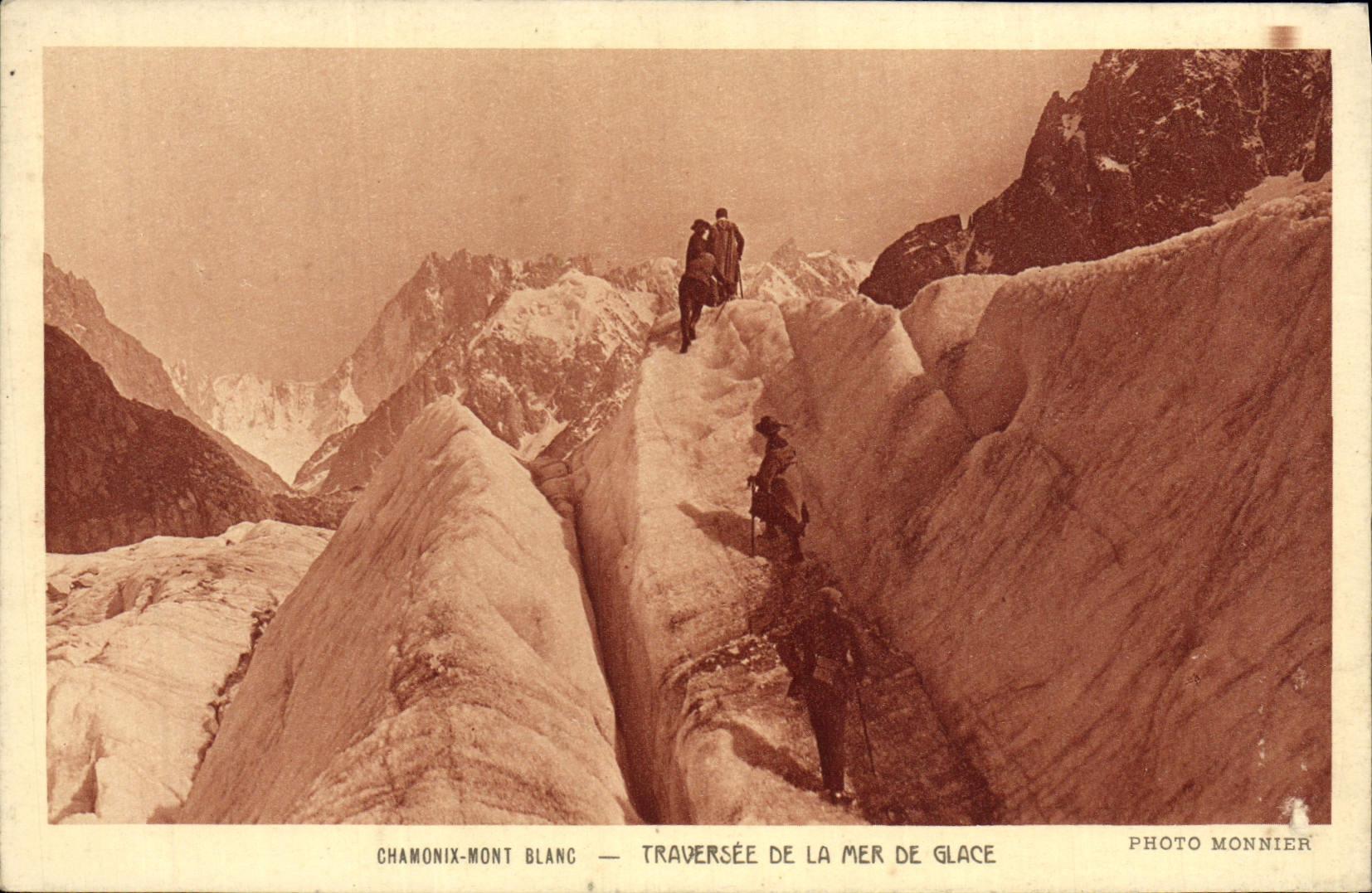 POSTAL Chamonix Mont Blanc de la VENDIMIA cruzado del mar del alpinismo del hielo