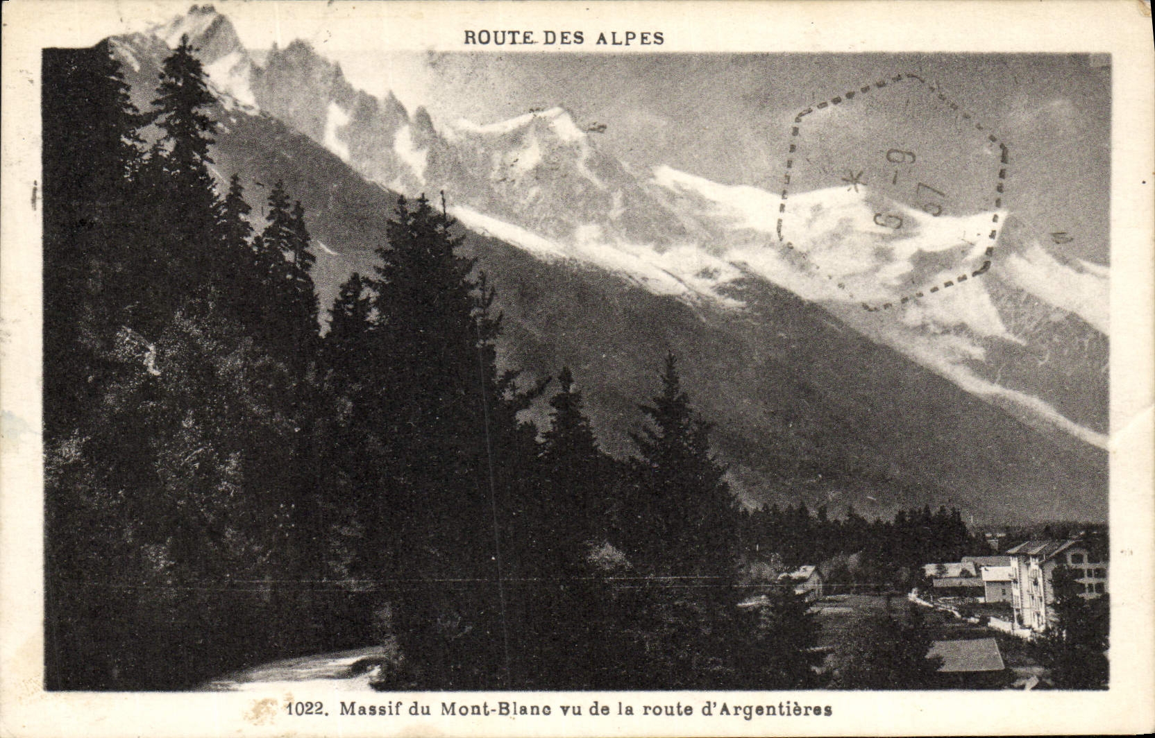 Camino de la POSTAL de la VENDIMIA de la masa sólida de las montan@as de Mont Blanc visto del camino de Argentieres
