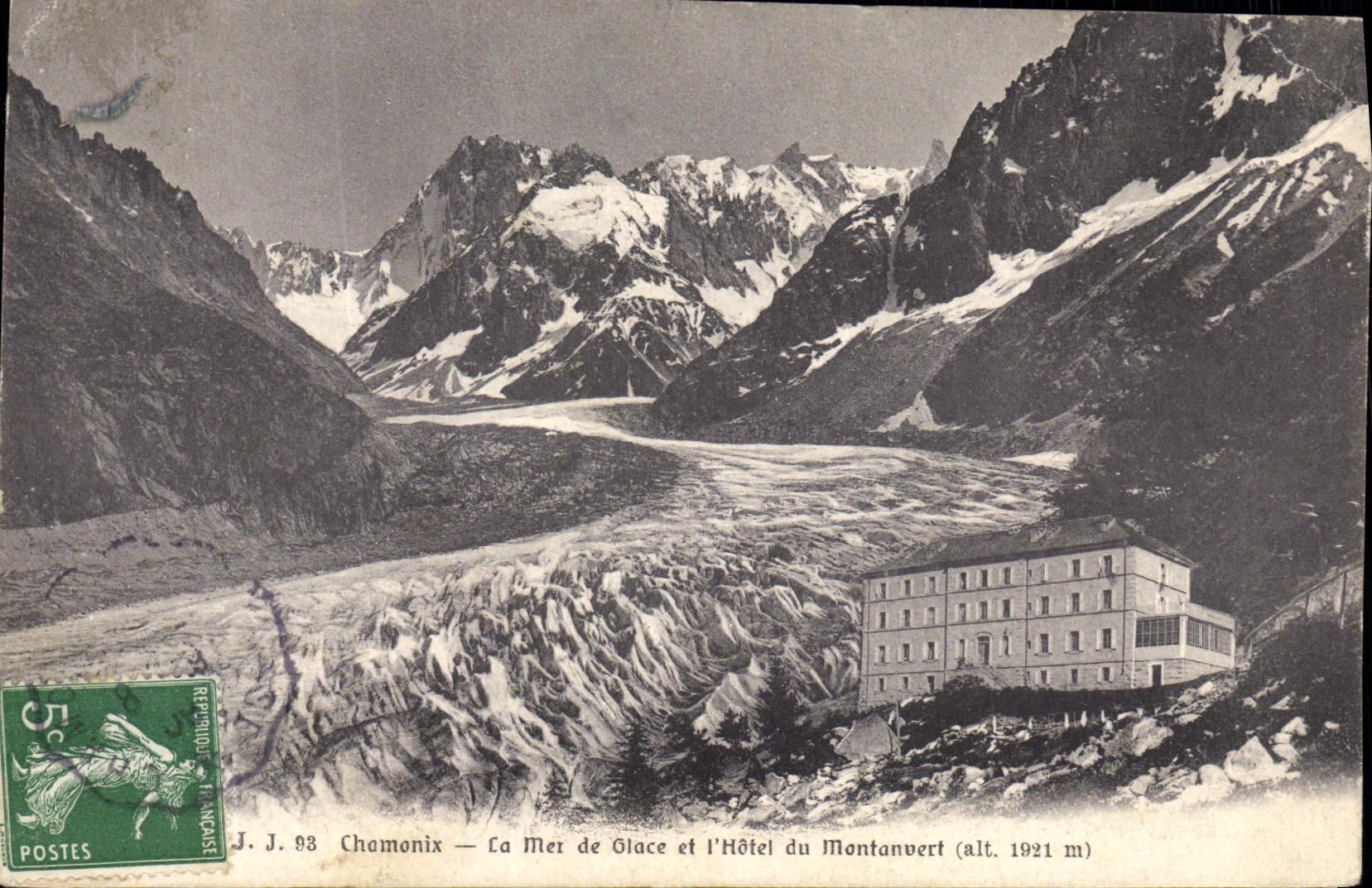 Mar de Chamonix de la POSTAL de la VENDIMIA del hielo y el hotel de Montanvert